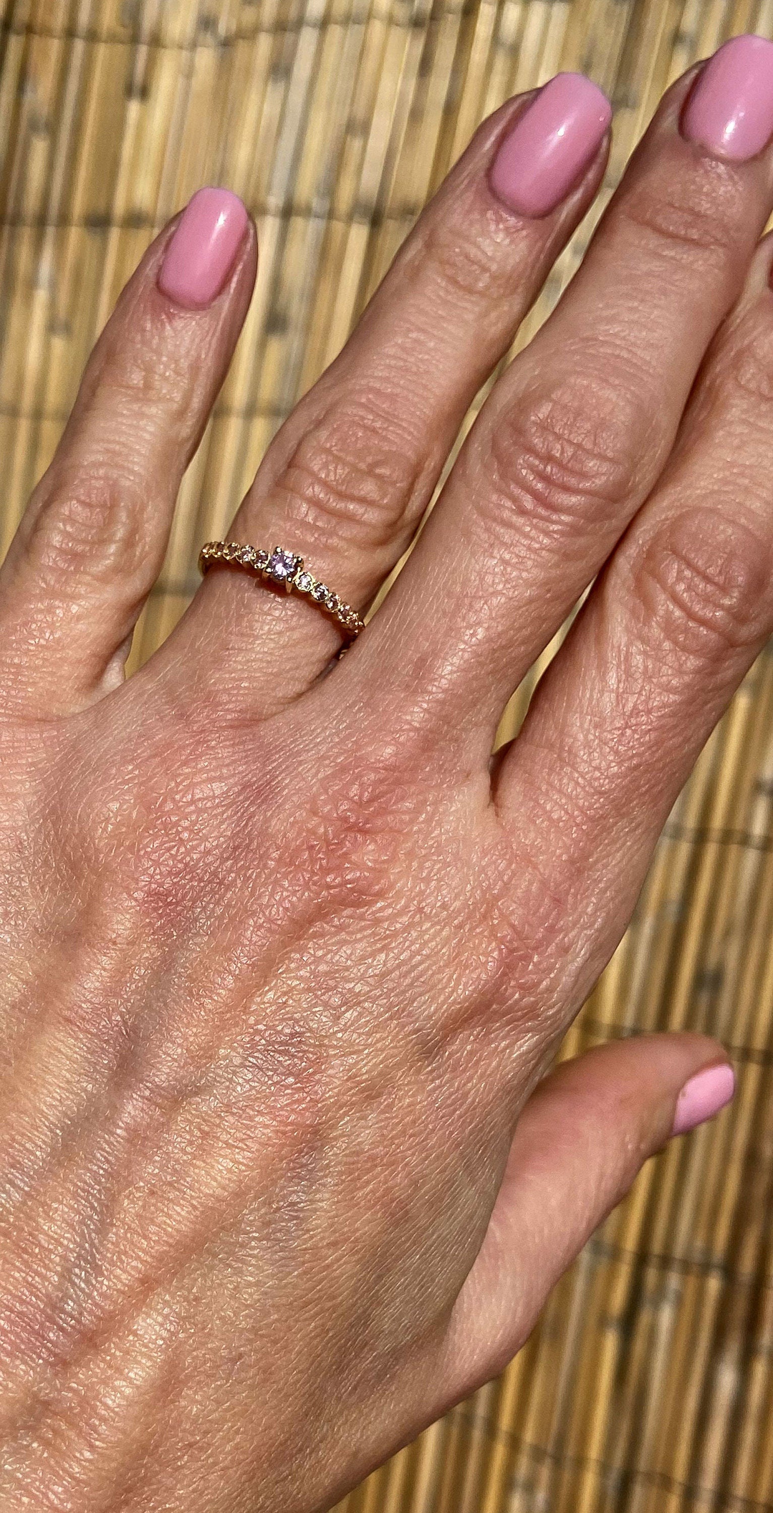 October Birthstone Round Rose Quartz Thirteen-Stone Half Eternity Ring - H.L.Jewelry