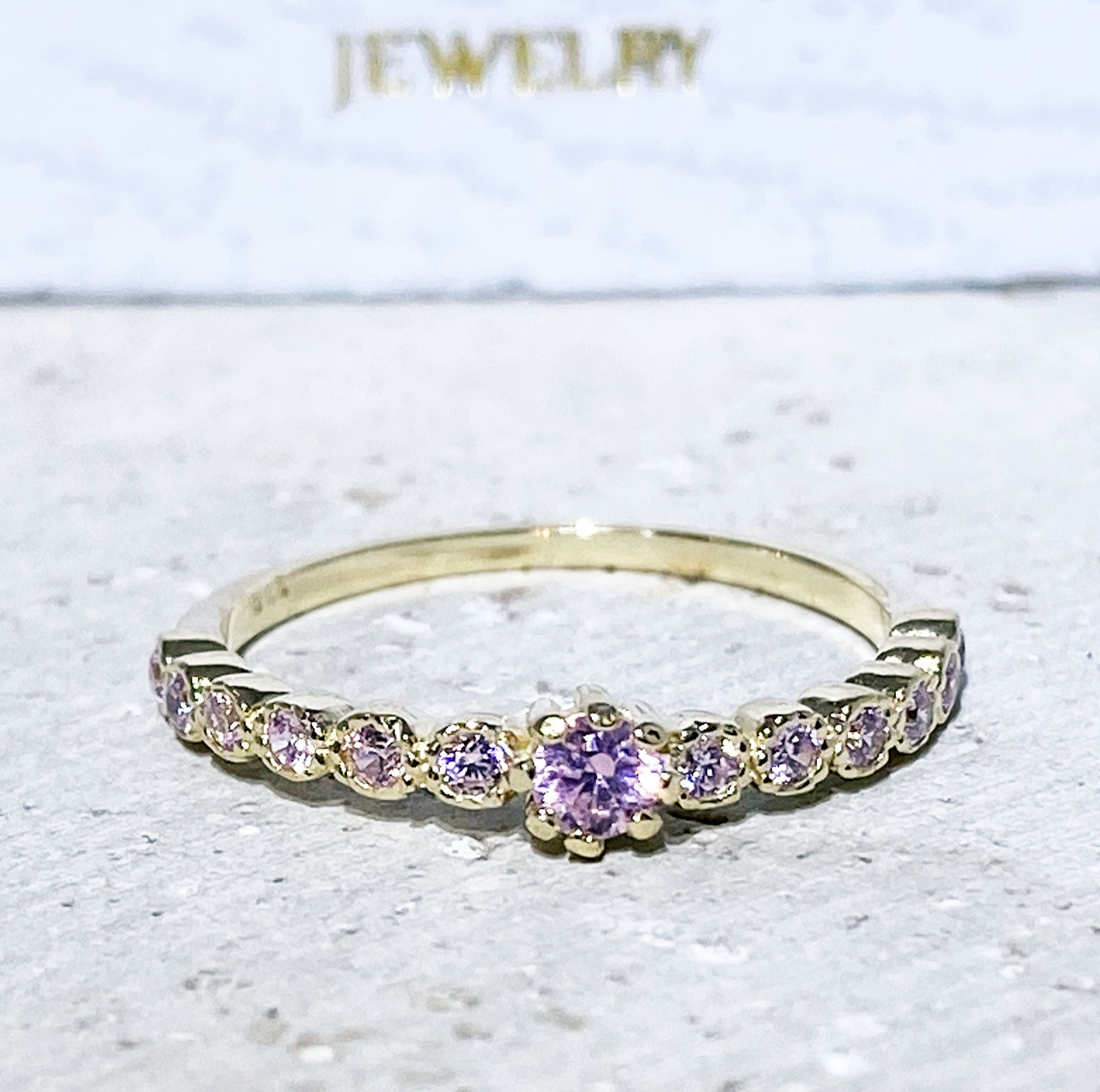 October Birthstone Round Rose Quartz Thirteen-Stone Half Eternity Ring - H.L.Jewelry