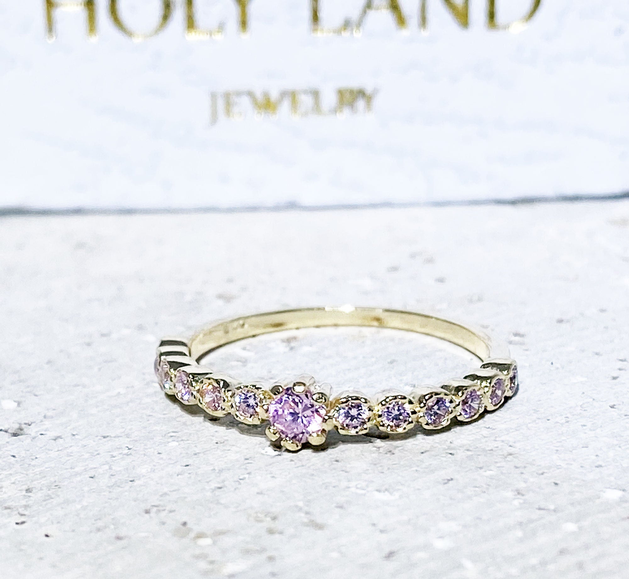 October Birthstone Round Rose Quartz Thirteen-Stone Half Eternity Ring - H.L.Jewelry