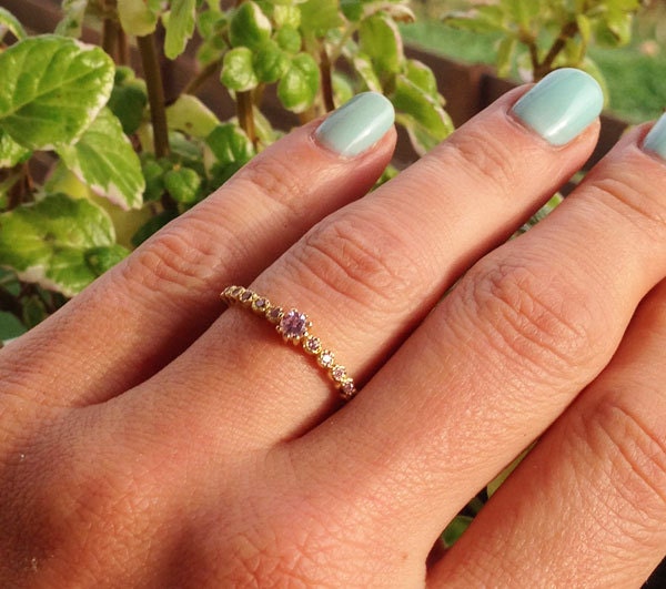 October Birthstone Round Rose Quartz Thirteen-Stone Half Eternity Ring - H.L.Jewelry
