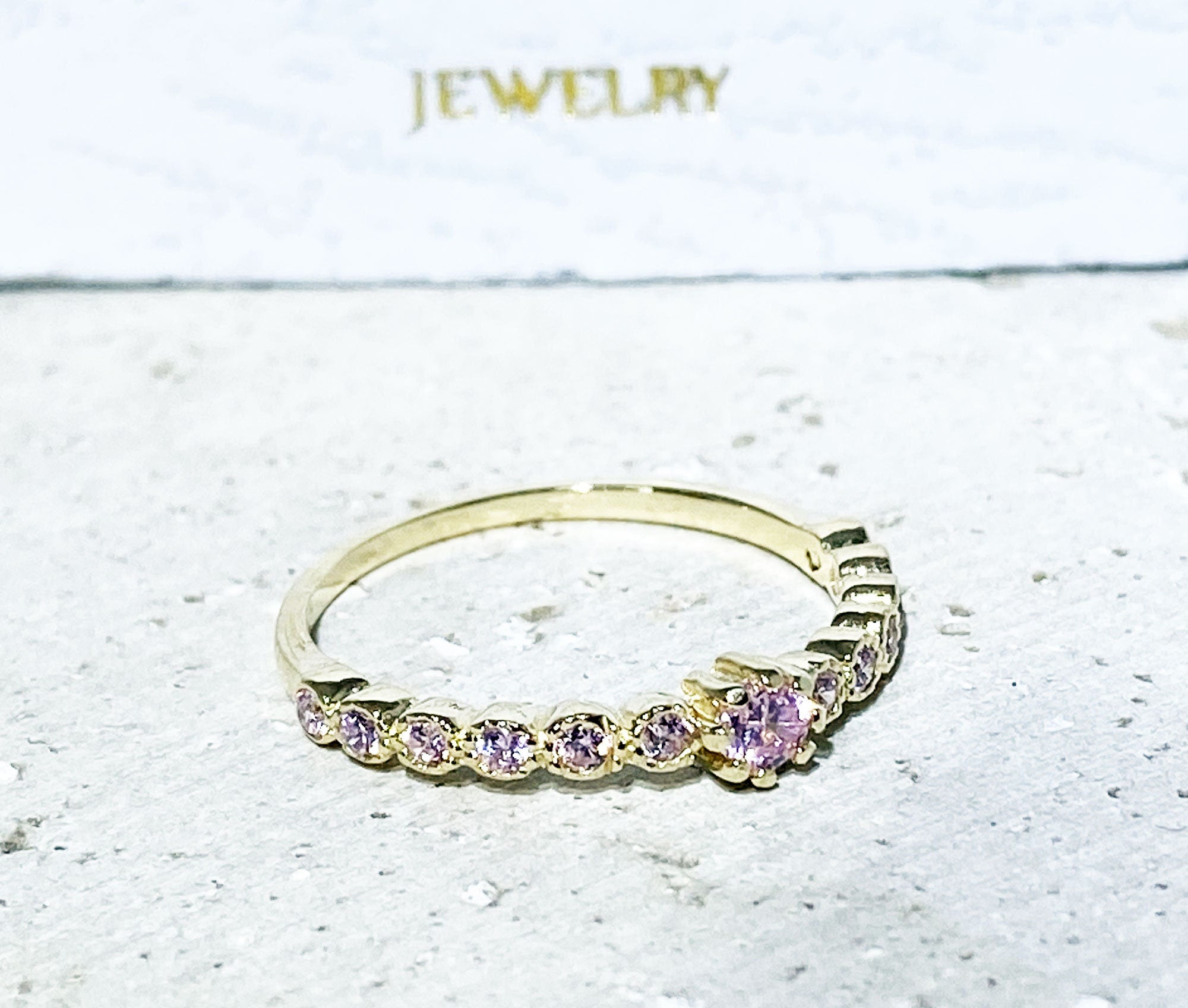 October Birthstone Round Rose Quartz Thirteen-Stone Half Eternity Ring - H.L.Jewelry