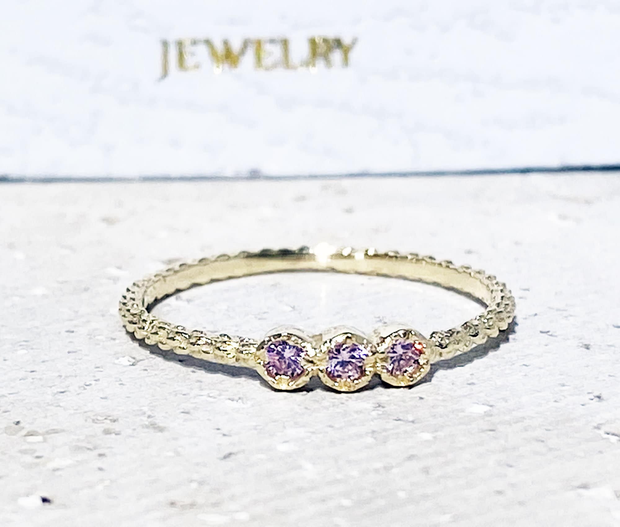 October Birthstone Round Rose Quartz Three-Stone Delicate Stacking Bezel Ring - H.L.Jewelry