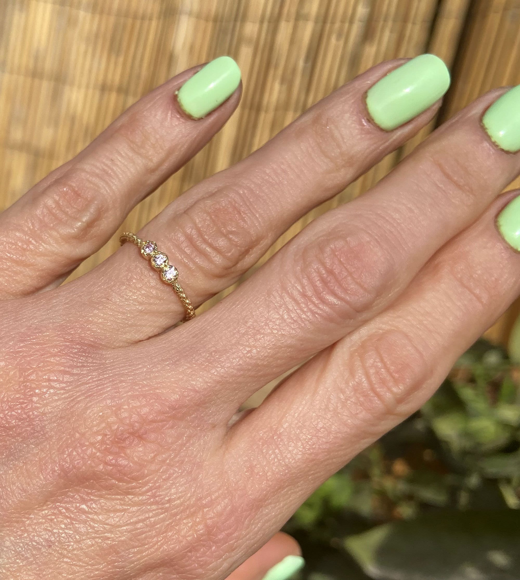 October Birthstone Round Rose Quartz Three-Stone Delicate Stacking Bezel Ring - H.L.Jewelry