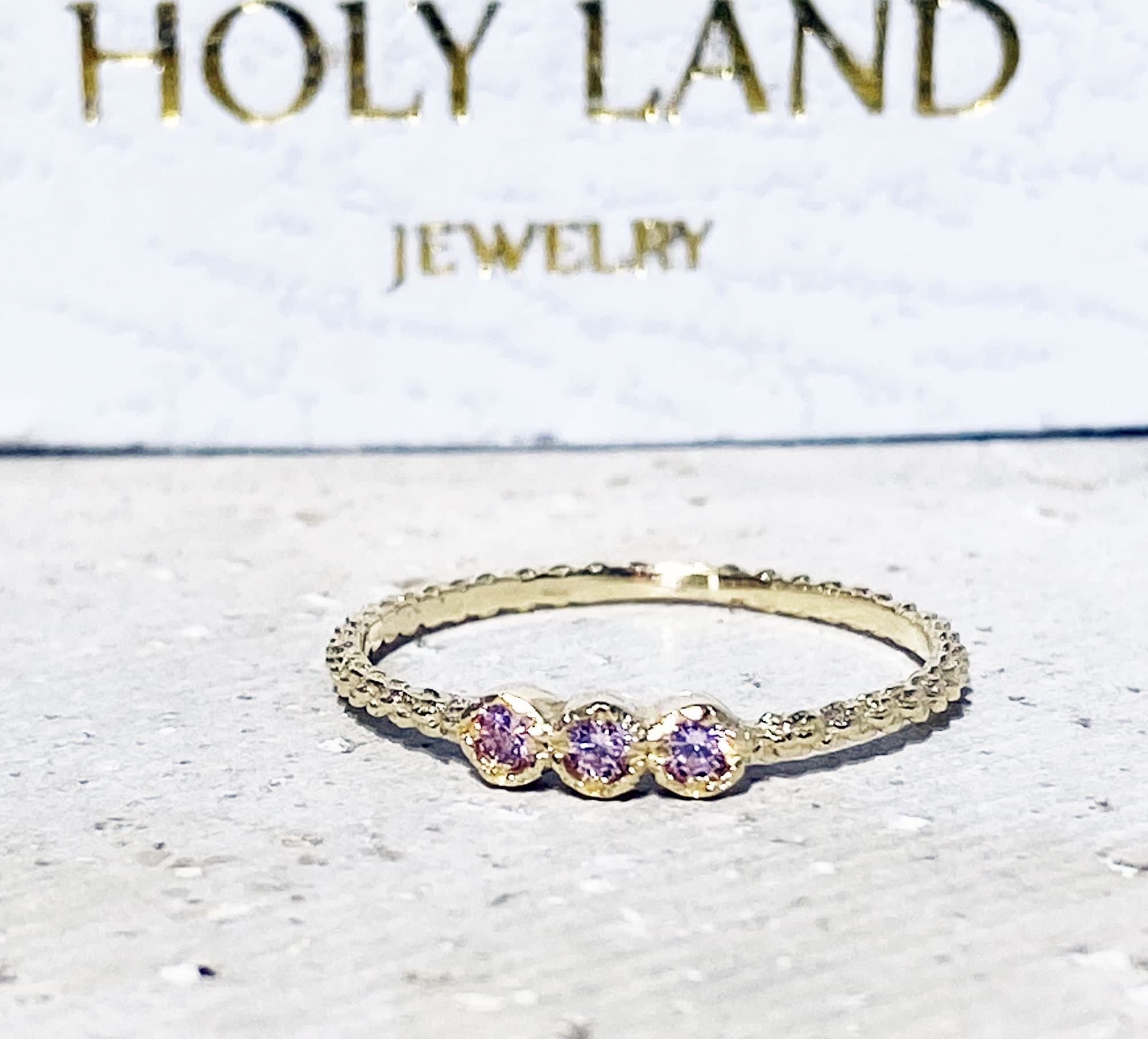 October Birthstone Round Rose Quartz Three-Stone Delicate Stacking Bezel Ring - H.L.Jewelry