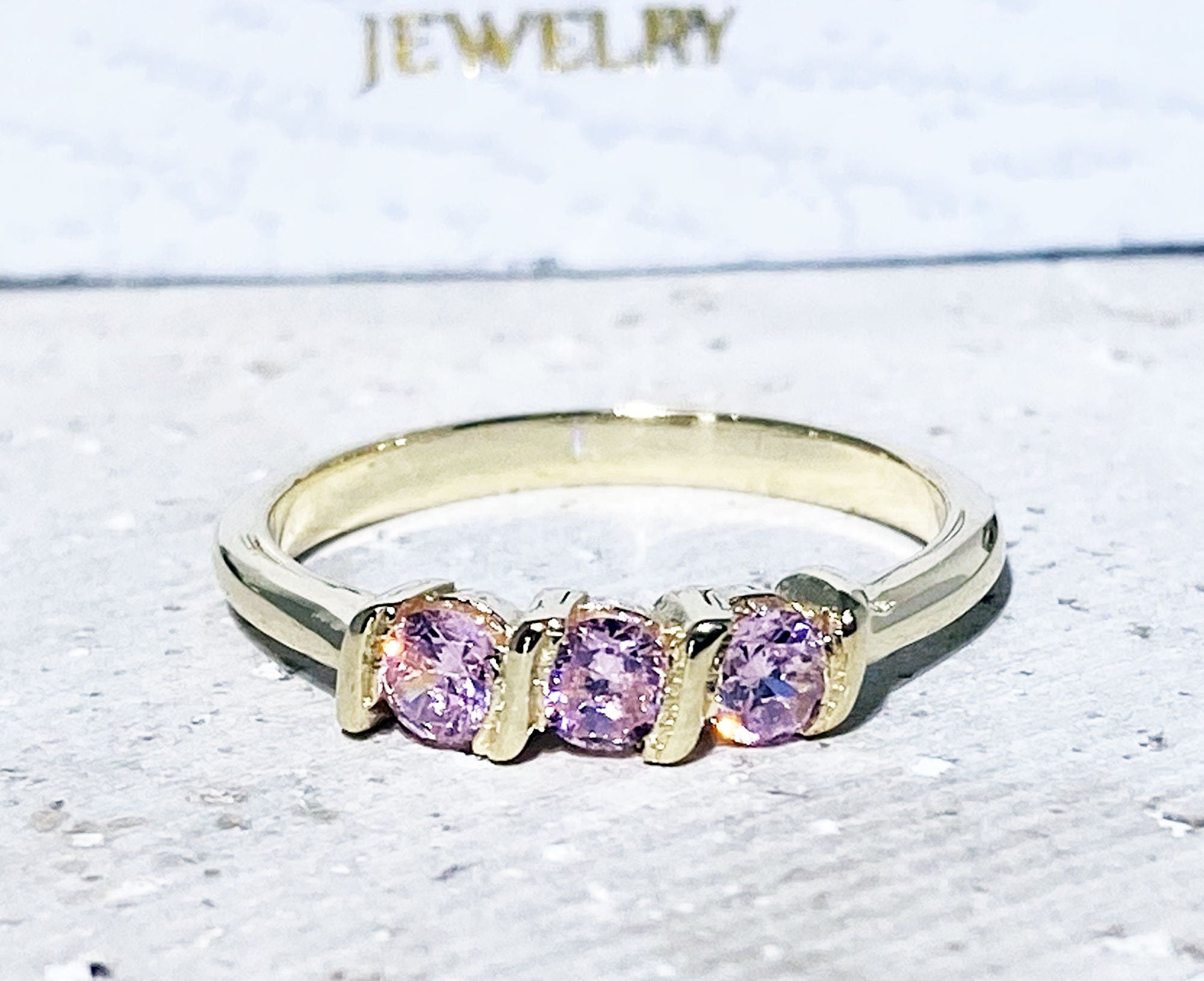 October Birthstone Round Rose Quartz Three-Stone Simple Stacking Ring - H.L.Jewelry