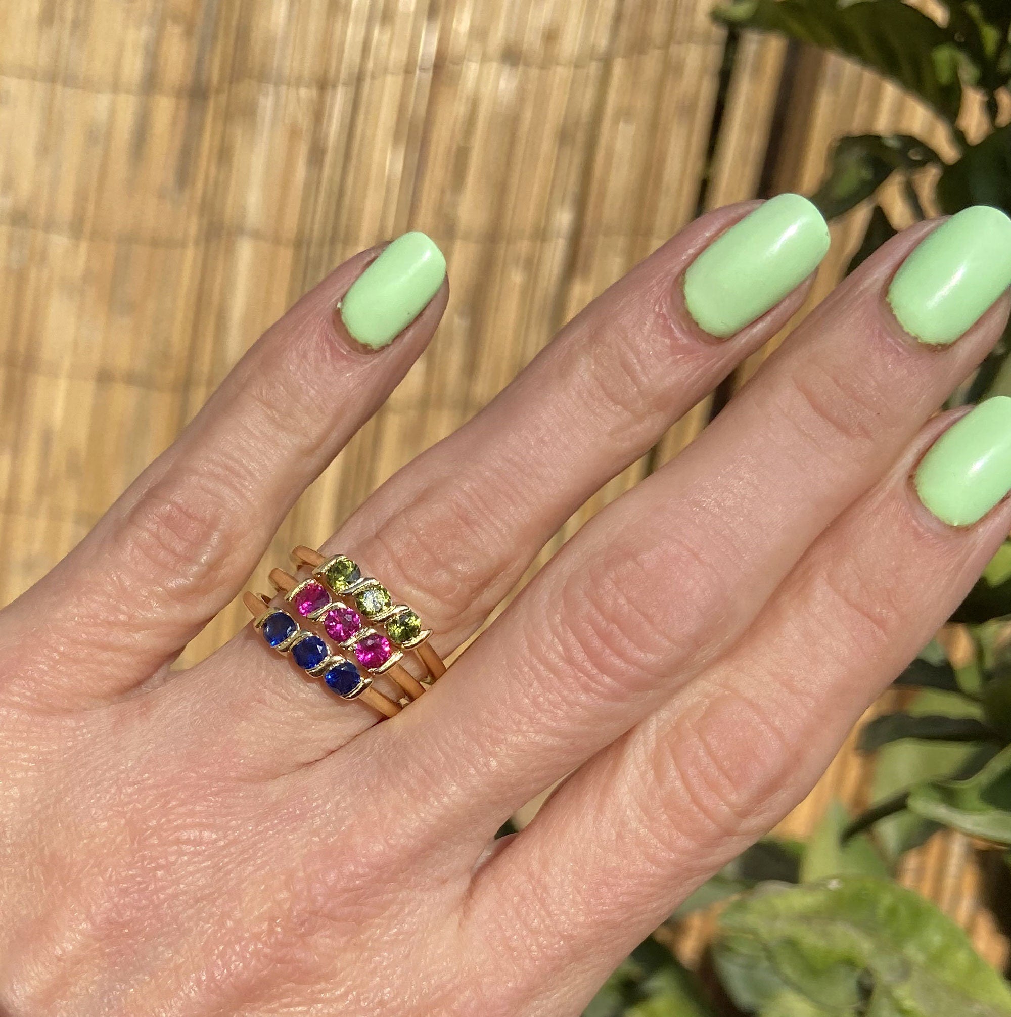 October Birthstone Round Rose Quartz Three-Stone Simple Stacking Ring - H.L.Jewelry