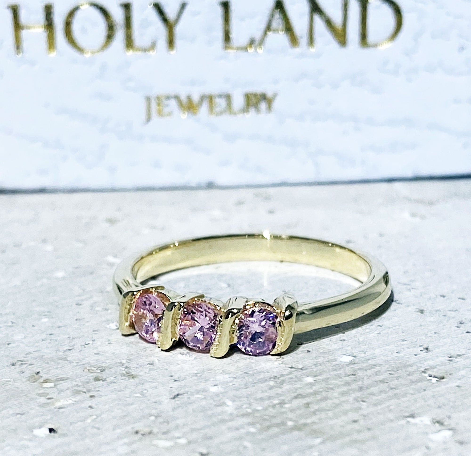 October Birthstone Round Rose Quartz Three-Stone Simple Stacking Ring - H.L.Jewelry