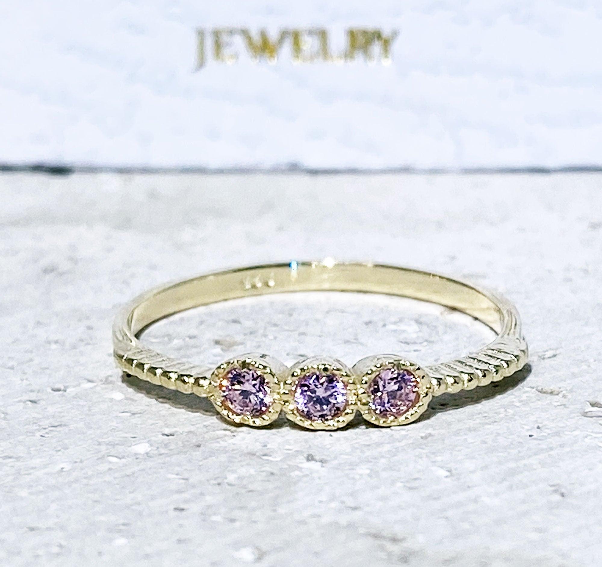 October Birthstone Round Rose Quartz Three Stone Simple Stacking Ring - H.L.Jewelry