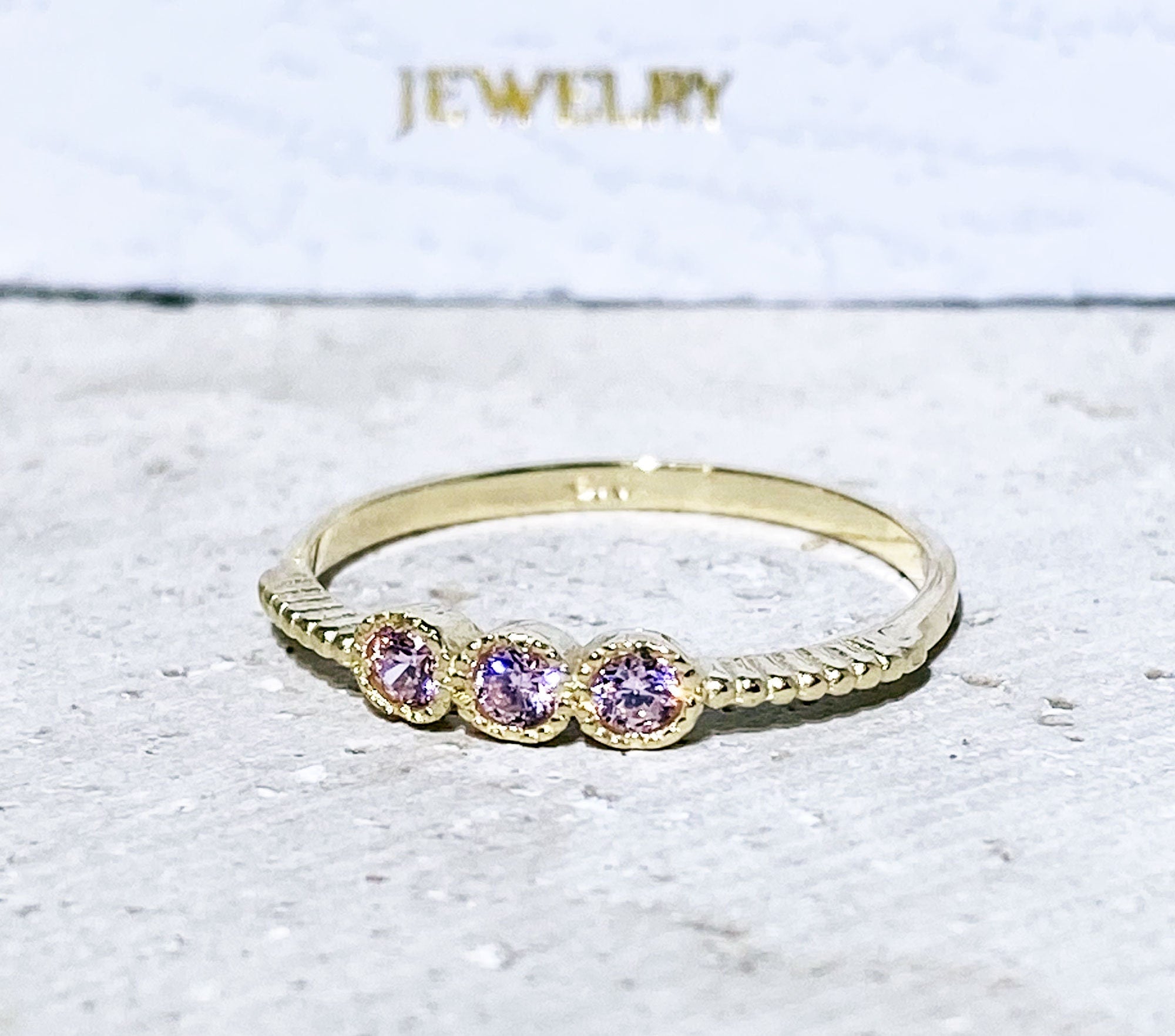 October Birthstone Round Rose Quartz Three Stone Simple Stacking Ring - H.L.Jewelry