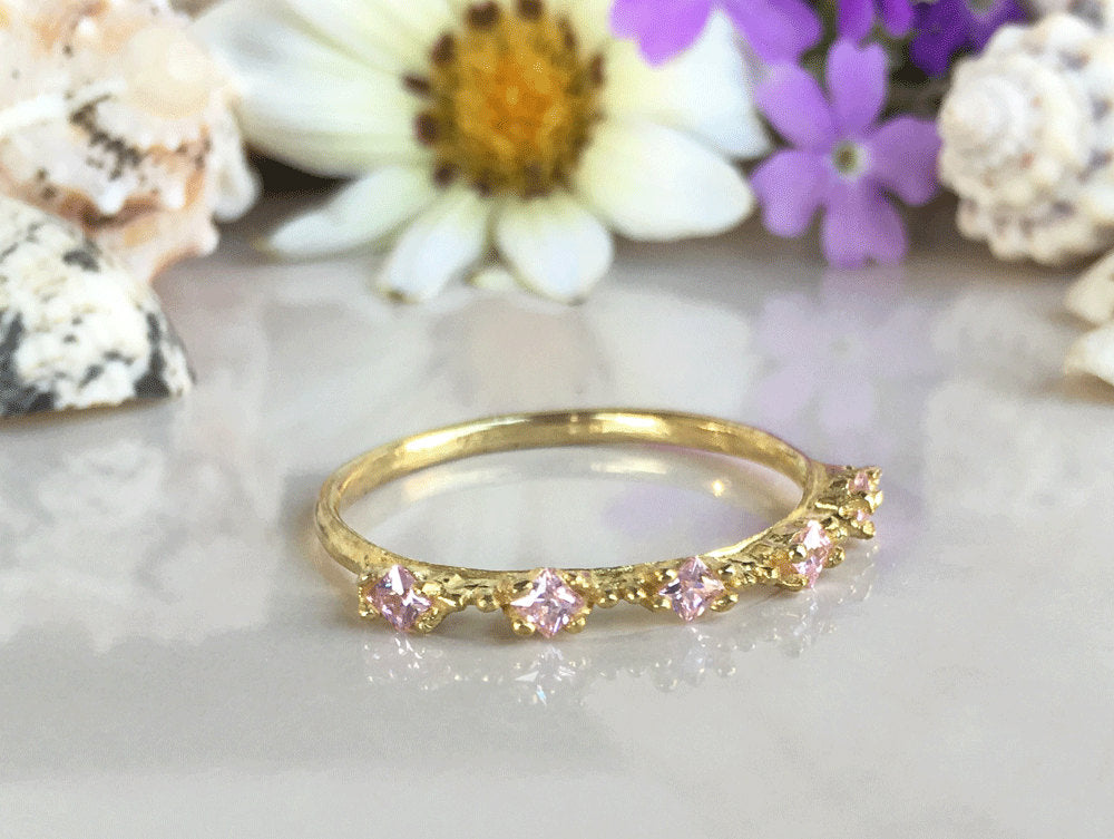 October Birthstone Square Rose Quartz Five-Stone Stacking Ring - H.L.Jewelry