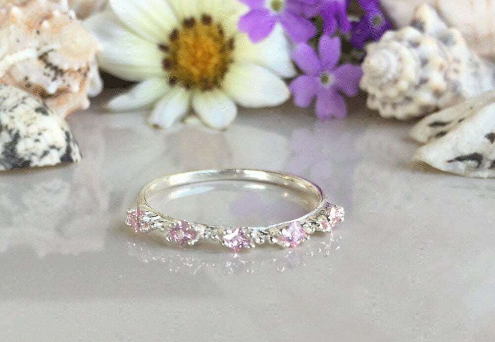October Birthstone Square Rose Quartz Five-Stone Stacking Ring - H.L.Jewelry