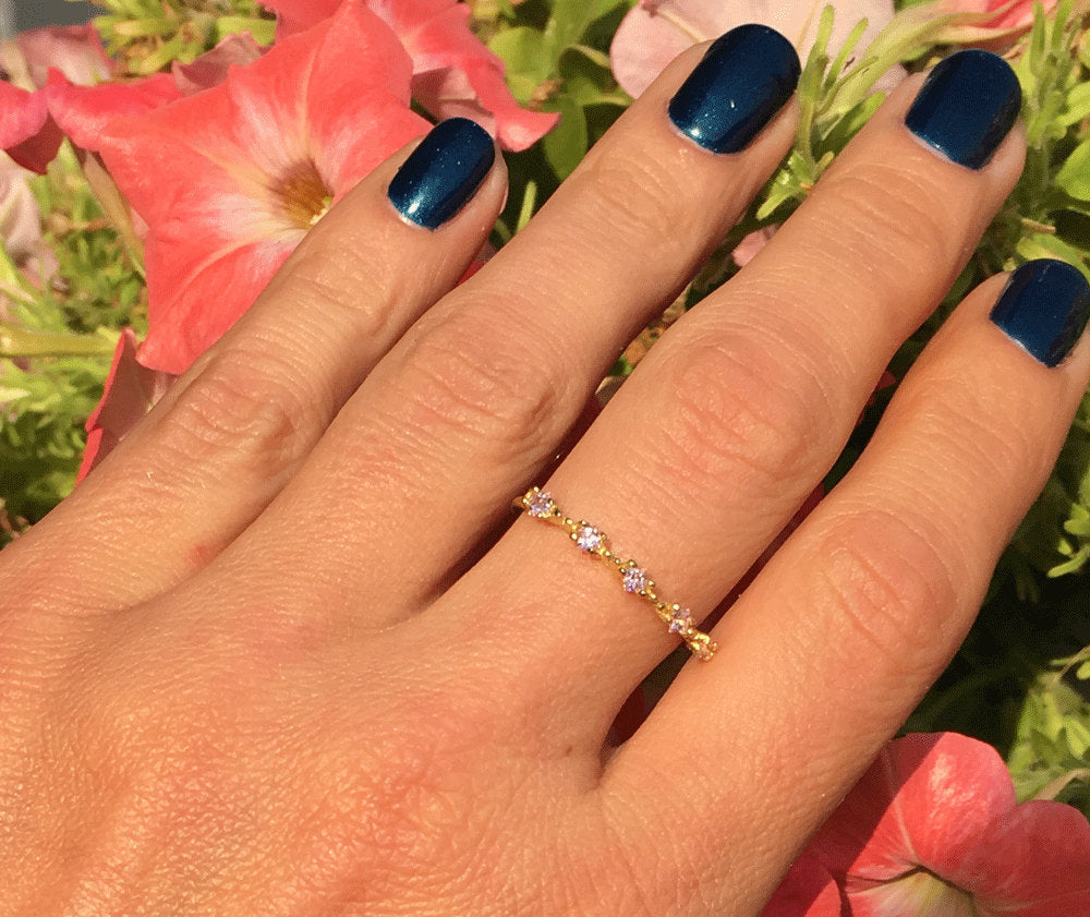 October Birthstone Square Rose Quartz Five-Stone Stacking Ring - H.L.Jewelry