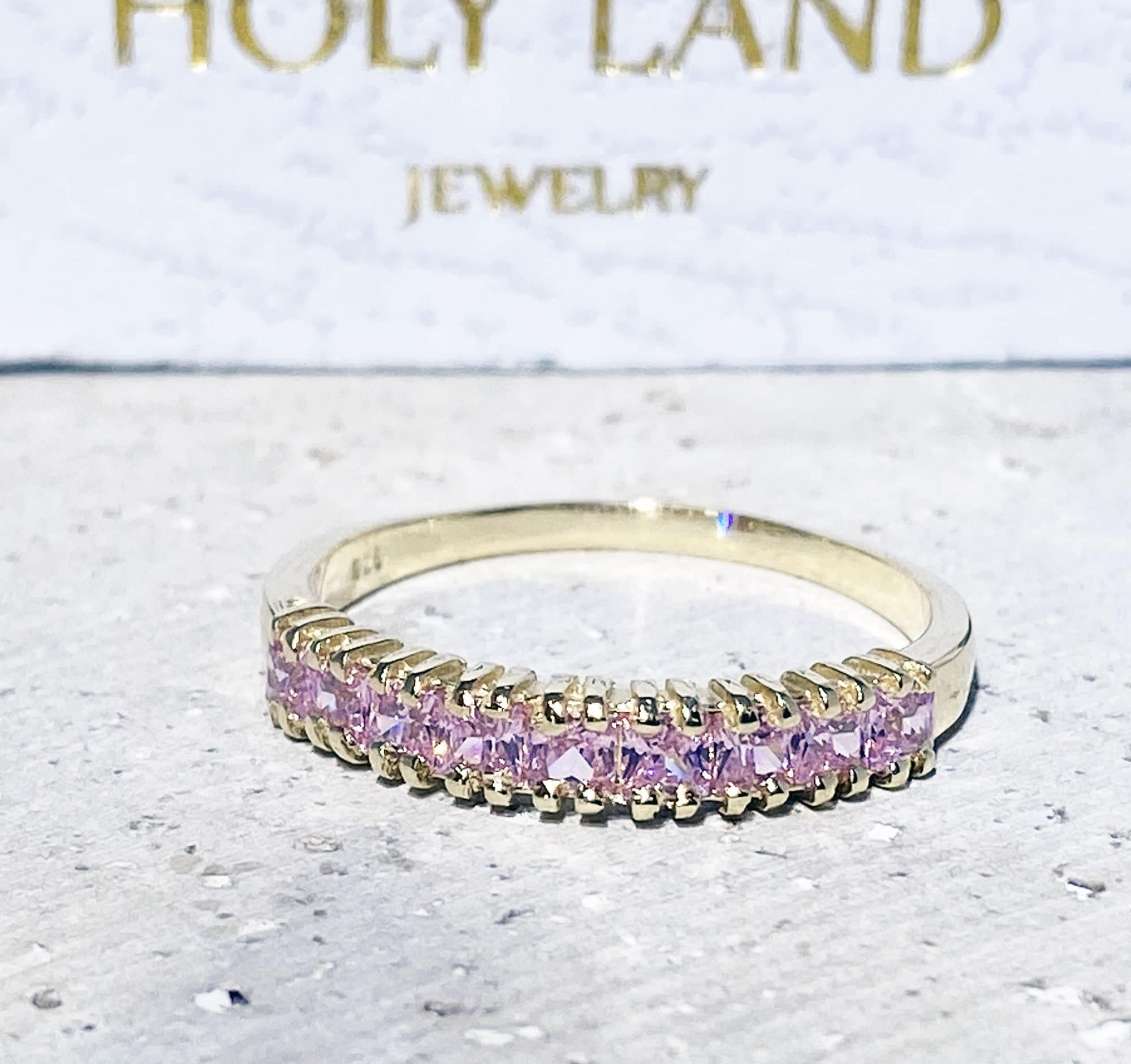 October Birthstone Square Rose Quartz Nine-Stone Half Eternity Stacking Ring - H.L.Jewelry