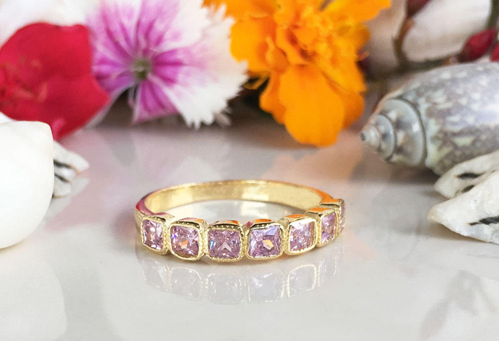 October Birthstone Square Rose Quartz Seven Stone Half Eternity Stacking Ring - H.L.Jewelry