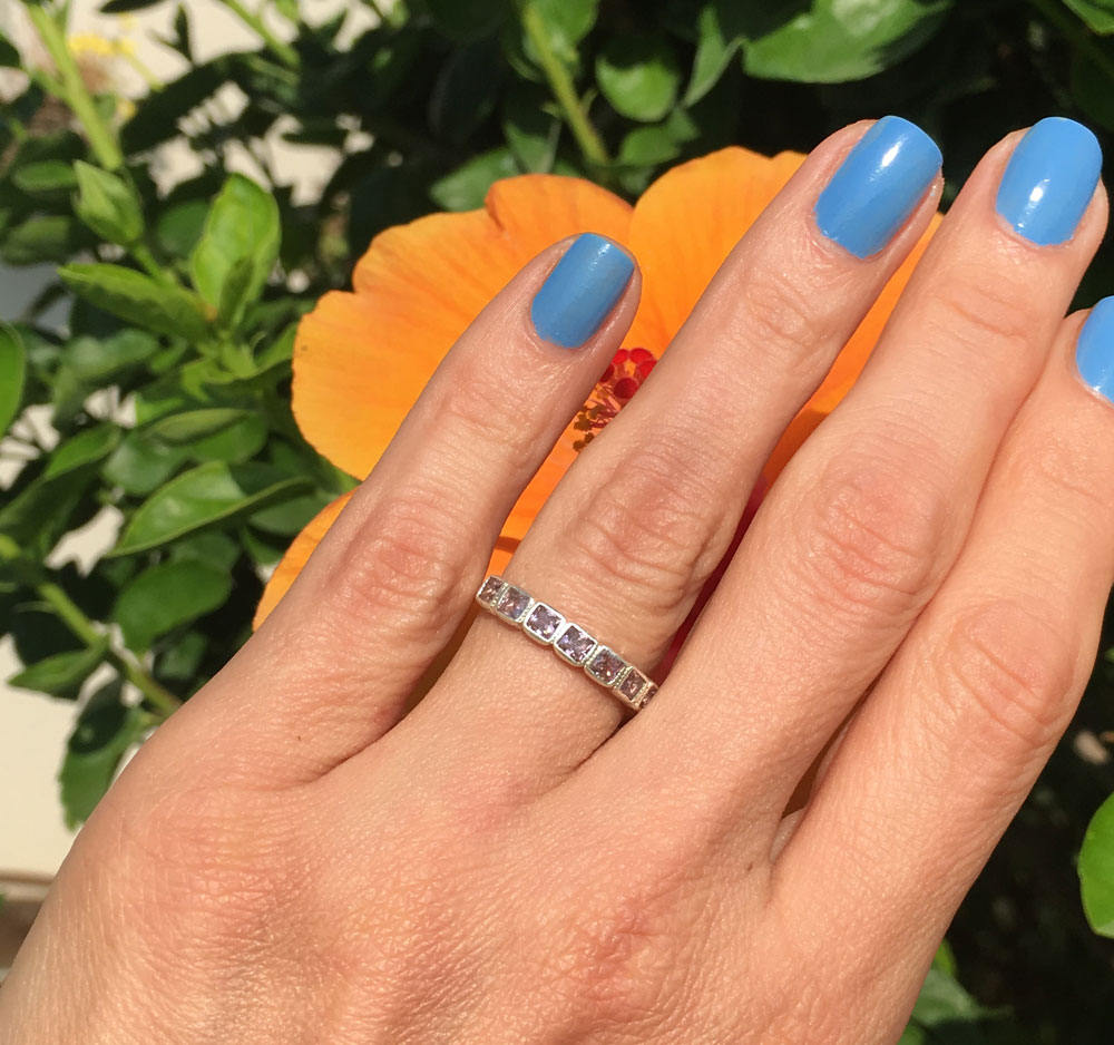 October Birthstone Square Rose Quartz Seven Stone Half Eternity Stacking Ring - H.L.Jewelry