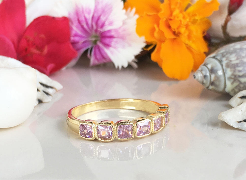October Birthstone Square Rose Quartz Seven Stone Half Eternity Stacking Ring - H.L.Jewelry