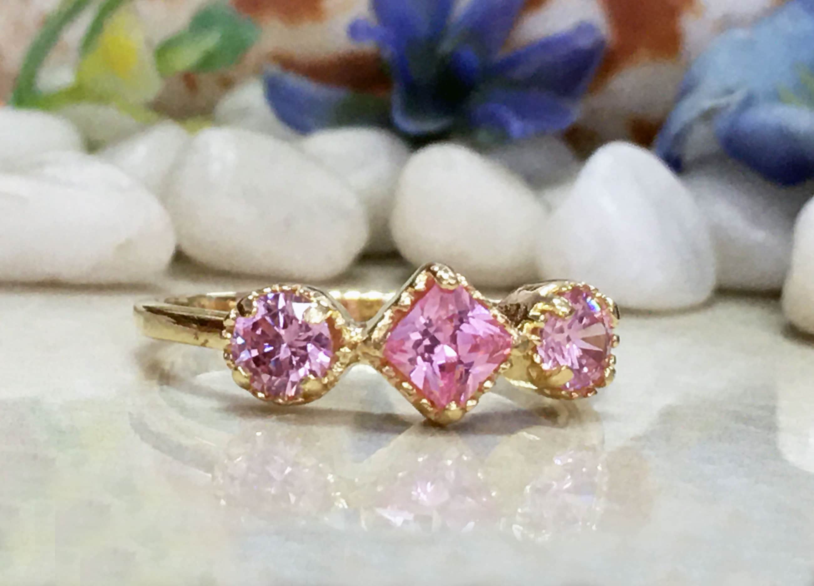 October Birthstone Square and Round Rose Quartz Three Stone Ring - H.L.Jewelry