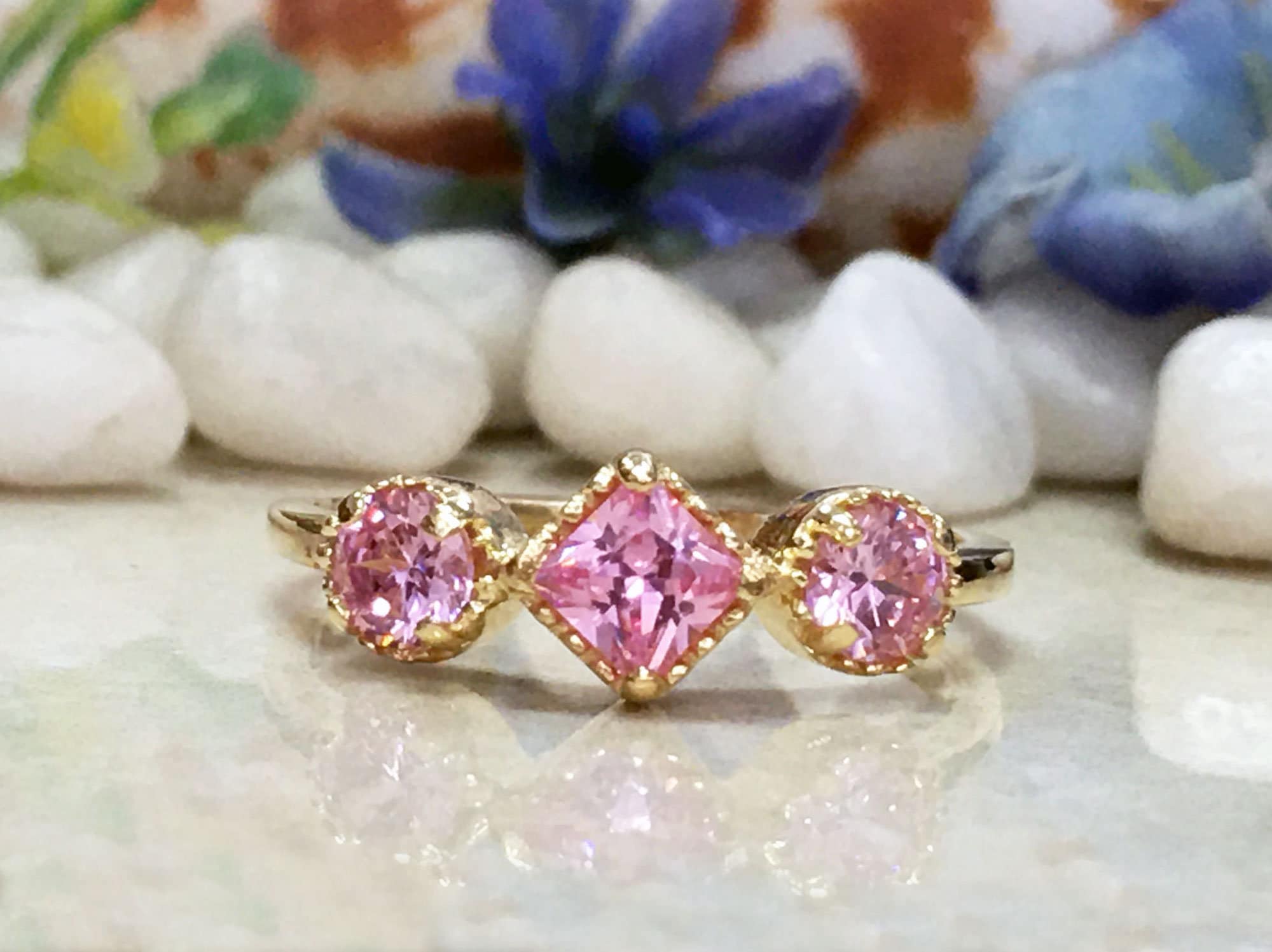 October Birthstone Square and Round Rose Quartz Three Stone Ring - H.L.Jewelry