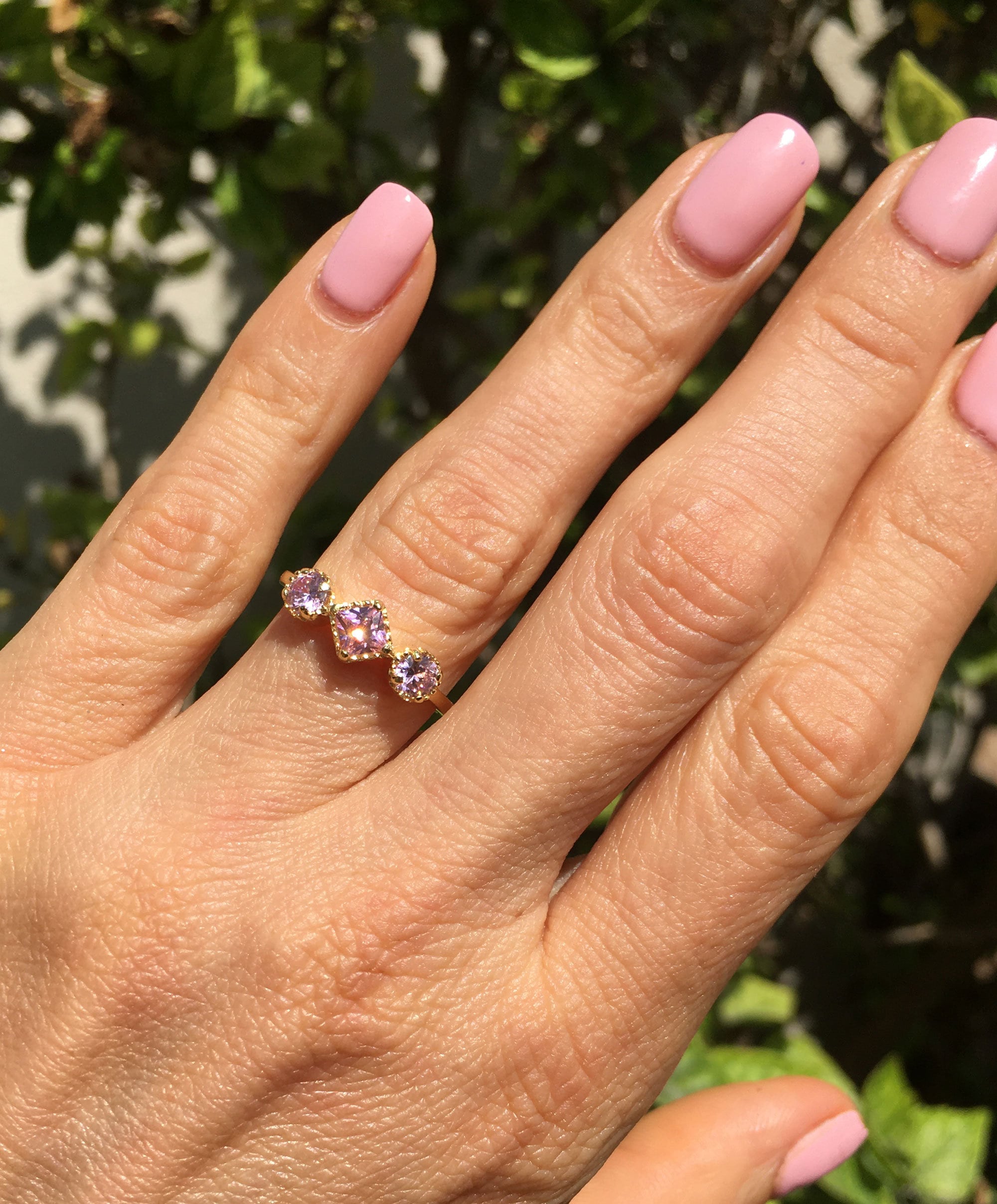 October Birthstone Square and Round Rose Quartz Three Stone Ring - H.L.Jewelry