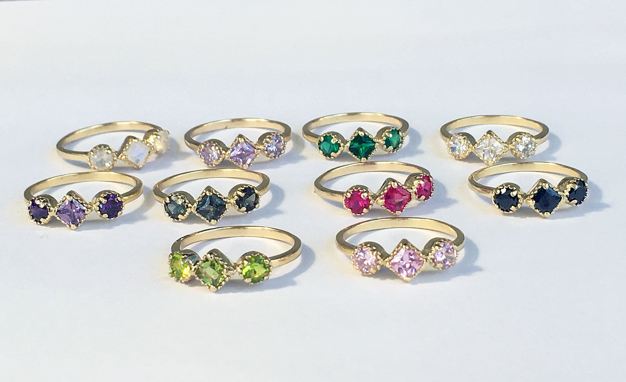 October Birthstone Square and Round Rose Quartz Three Stone Ring - H.L.Jewelry