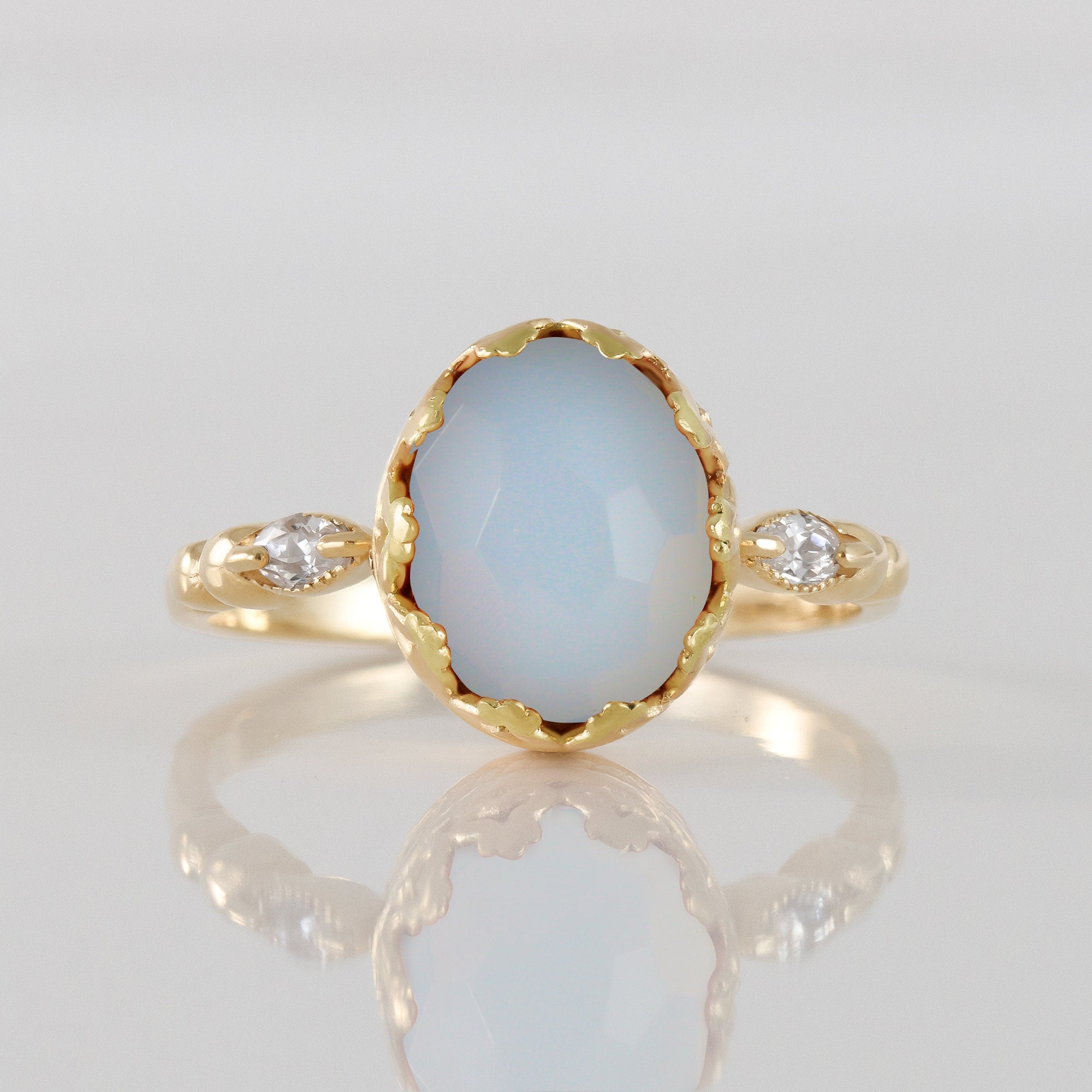 Opalite Oval Vintage Crown Ring with Clear Quartz Accents - H.L.Jewelry
