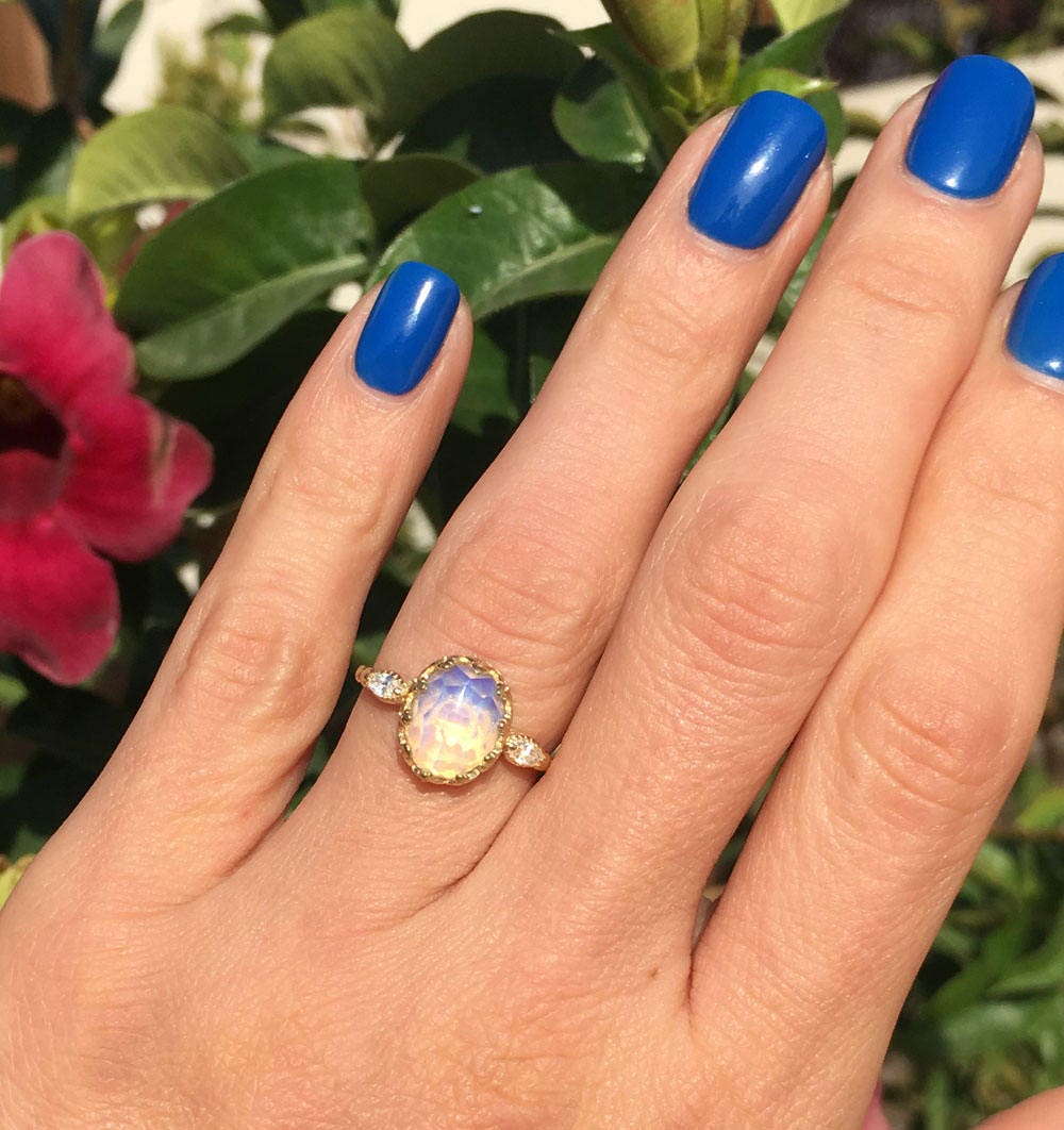 Opalite Oval Vintage Crown Ring with Clear Quartz Accents - H.L.Jewelry