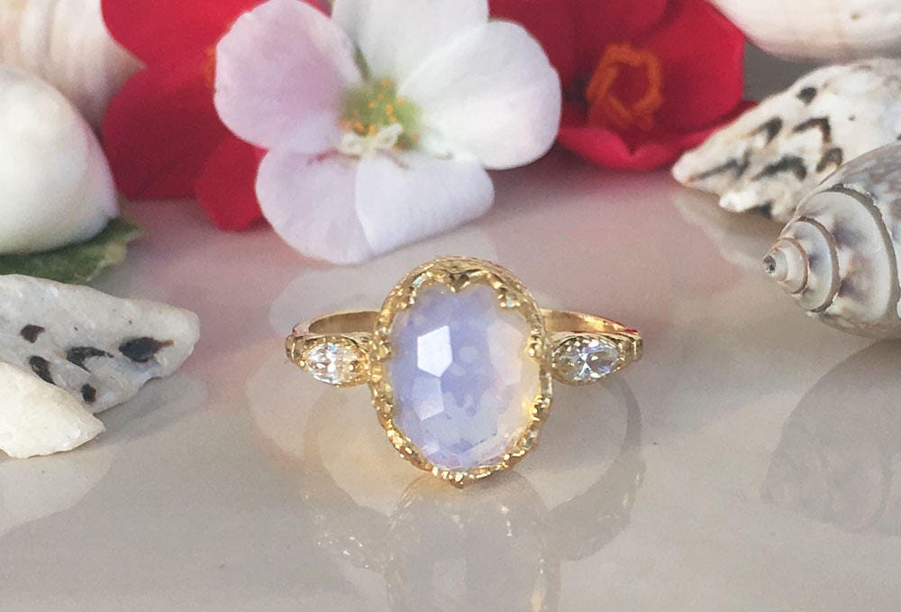 Opalite Oval Vintage Crown Ring with Clear Quartz Accents - H.L.Jewelry