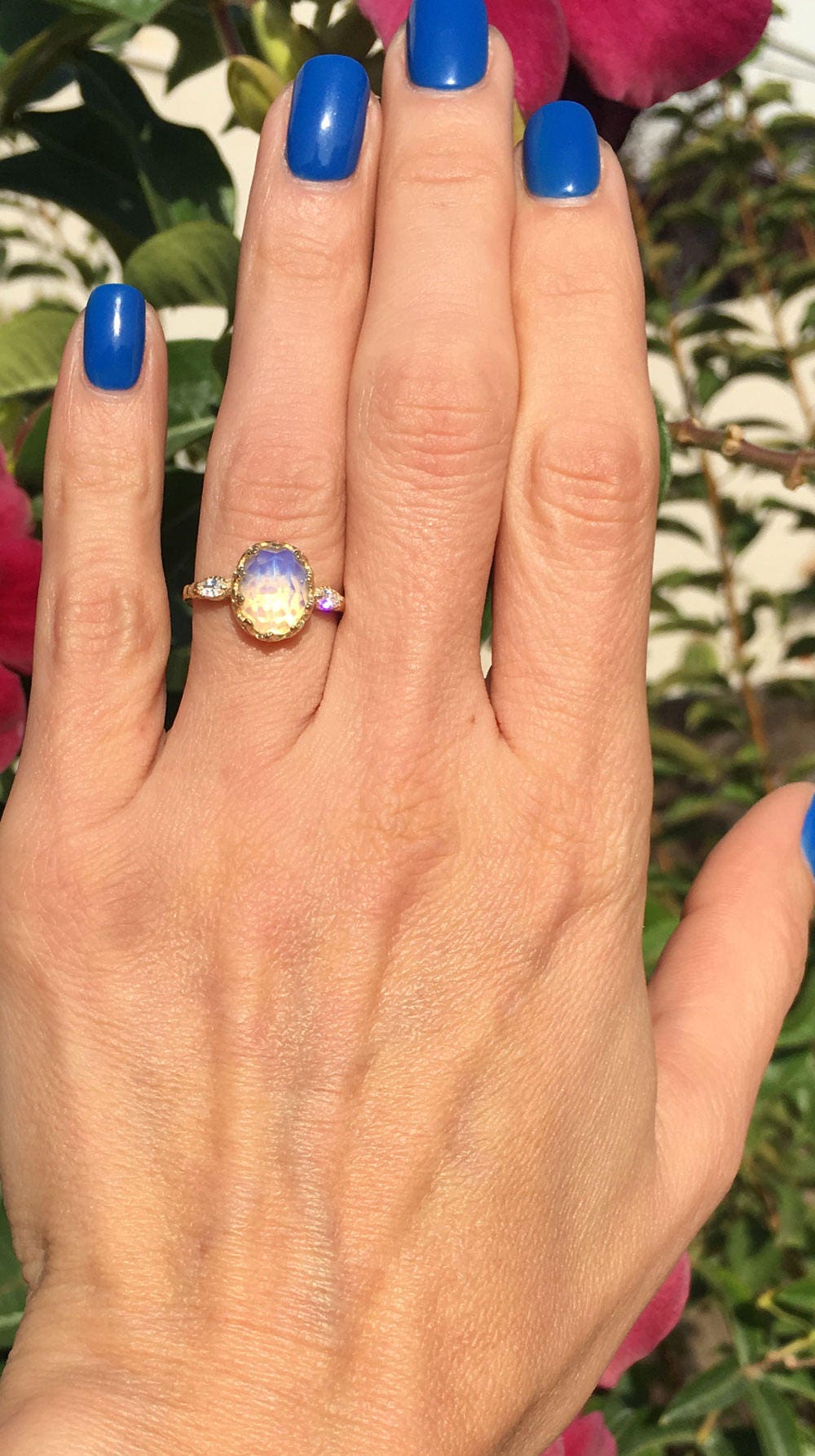 Opalite Oval Vintage Crown Ring with Clear Quartz Accents - H.L.Jewelry