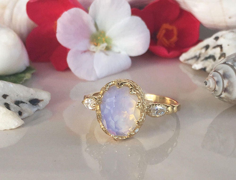 Opalite Oval Vintage Crown Ring with Clear Quartz Accents - H.L.Jewelry