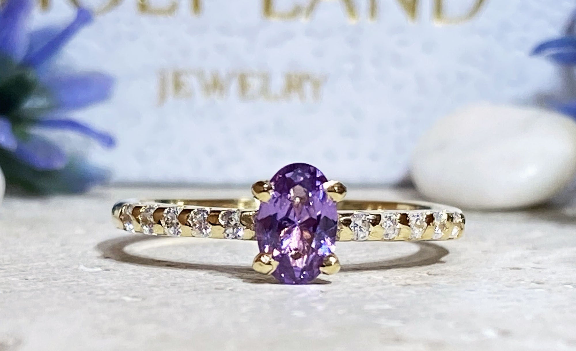 Oval Alexandrite Delicate Ring with Clear Quartz Accents - H.L.Jewelry