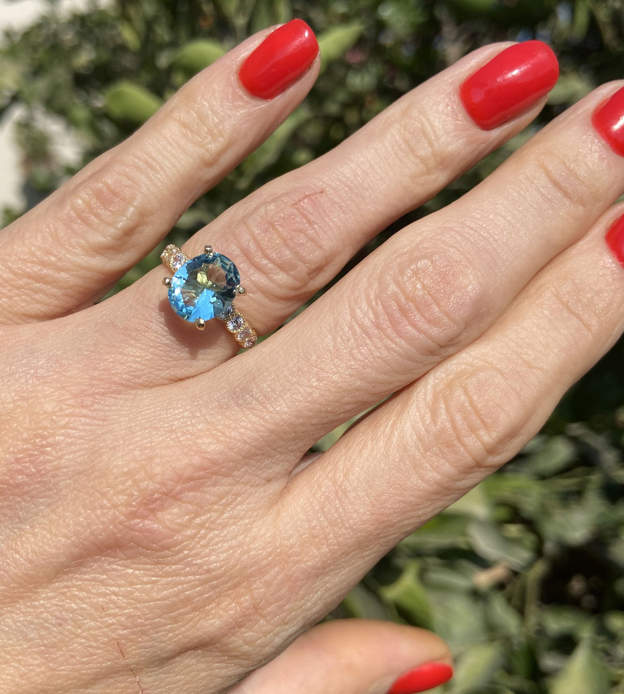 Oval Aquamarine Engagement Ring with Clear Quartz Accents - H.L.Jewelry