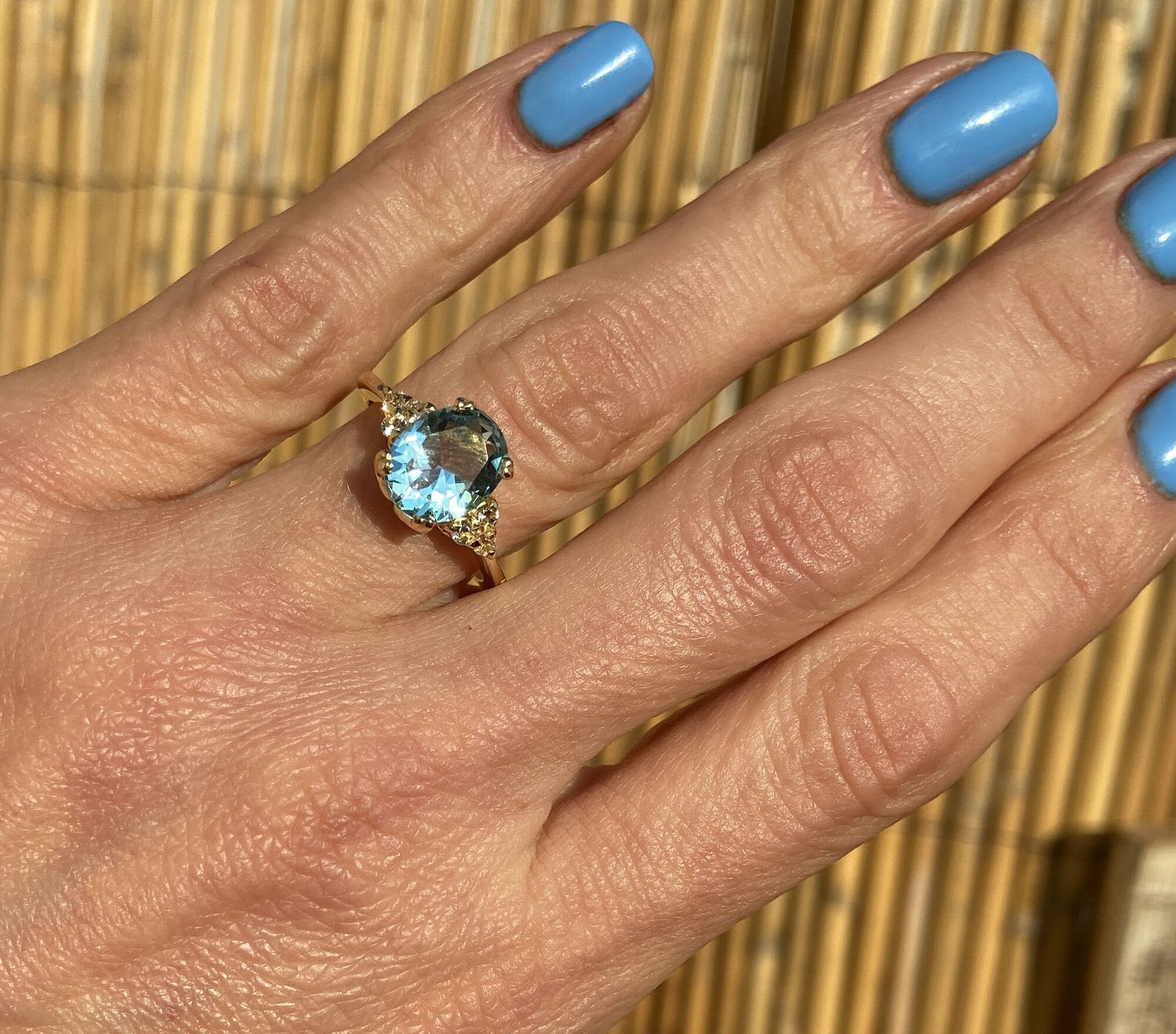Oval Aquamarine Engagement Ring with Clear Quartz Accents - H.L.Jewelry