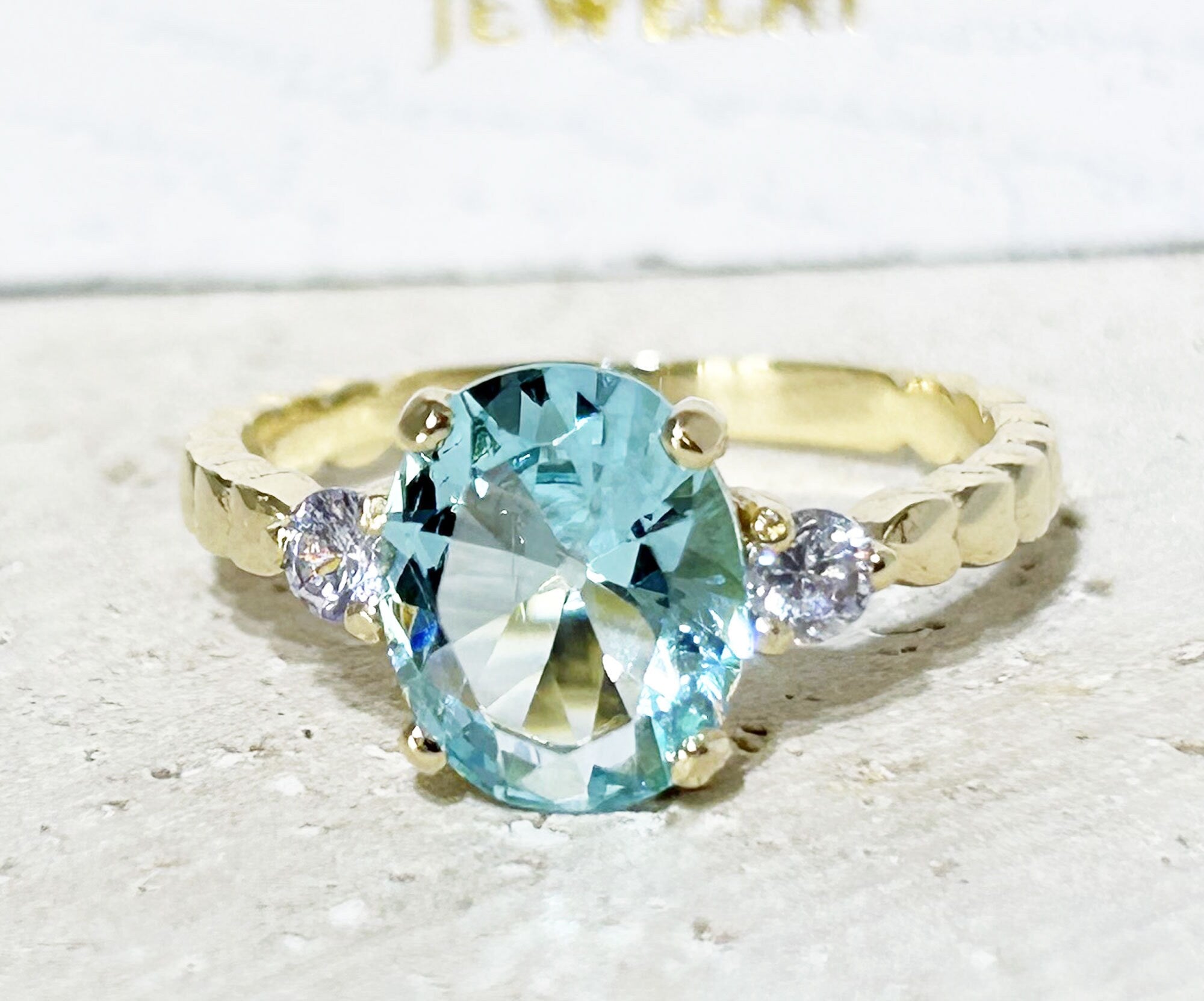 Oval Aquamarine Gemstone Ring with Clear Quartz Accents - H.L.Jewelry