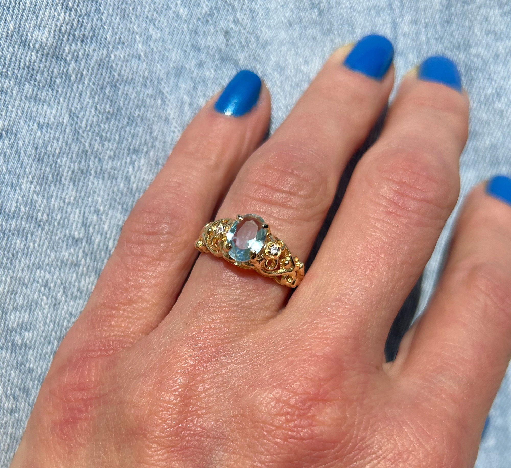 Oval Aquamarine Lace Filigree Ring with Clear Quartz Accents - H.L.Jewelry