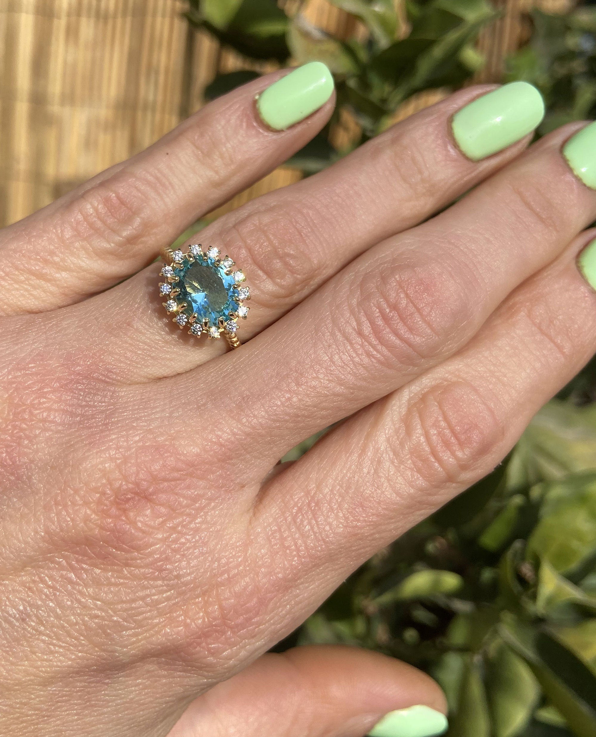 Oval Aquamarine Ring with Clear Quartz Halo - H.L.Jewelry