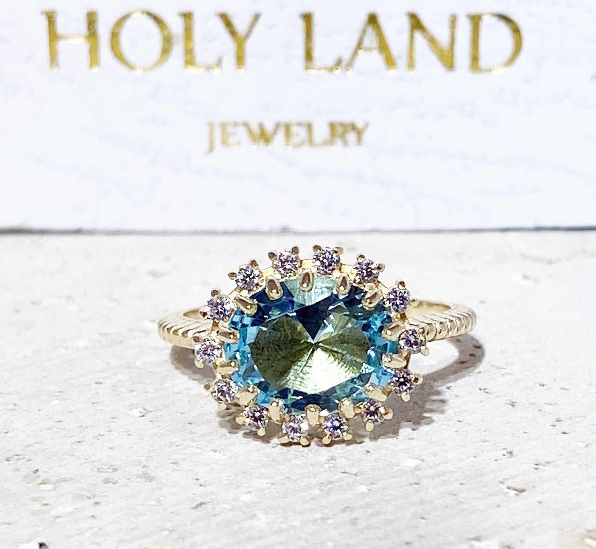 Oval Aquamarine Ring with Clear Quartz Halo - H.L.Jewelry