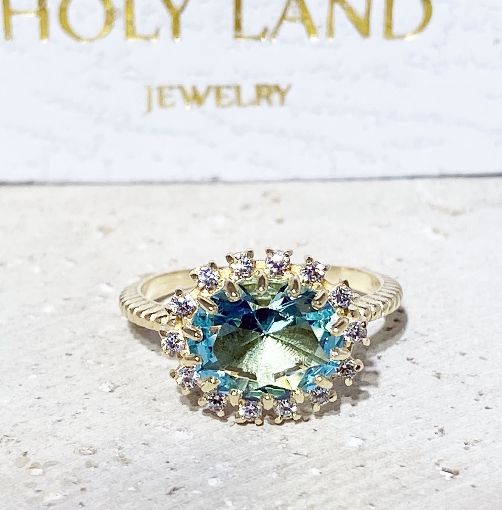 Oval Aquamarine Ring with Clear Quartz Halo - H.L.Jewelry