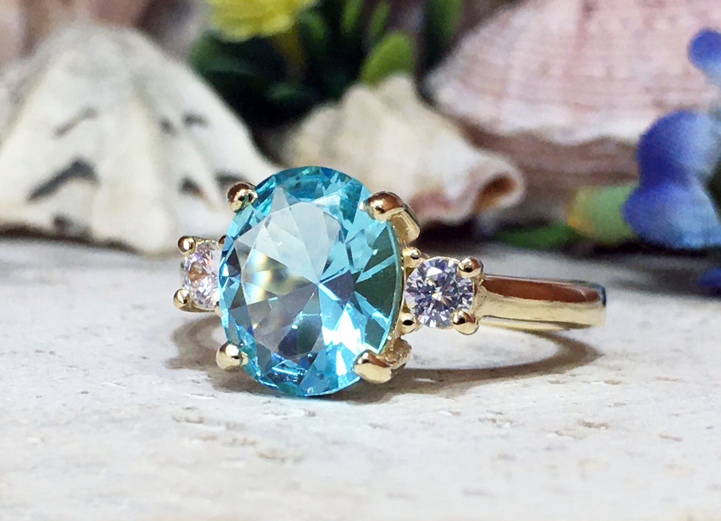 Oval Aquamarine Statement Ring with Clear Quartz Accents - H.L.Jewelry