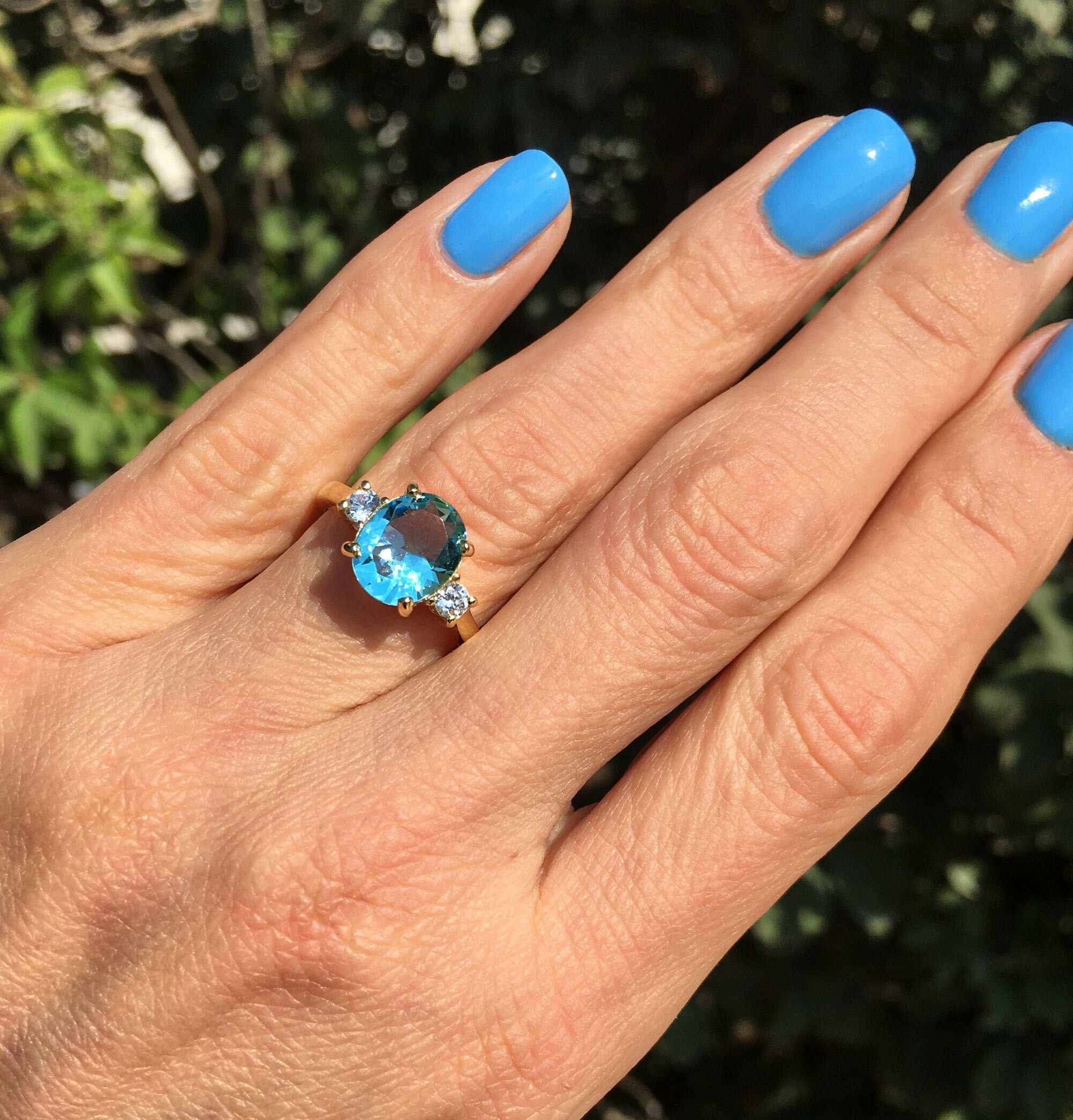 Oval Aquamarine Statement Ring with Clear Quartz Accents - H.L.Jewelry