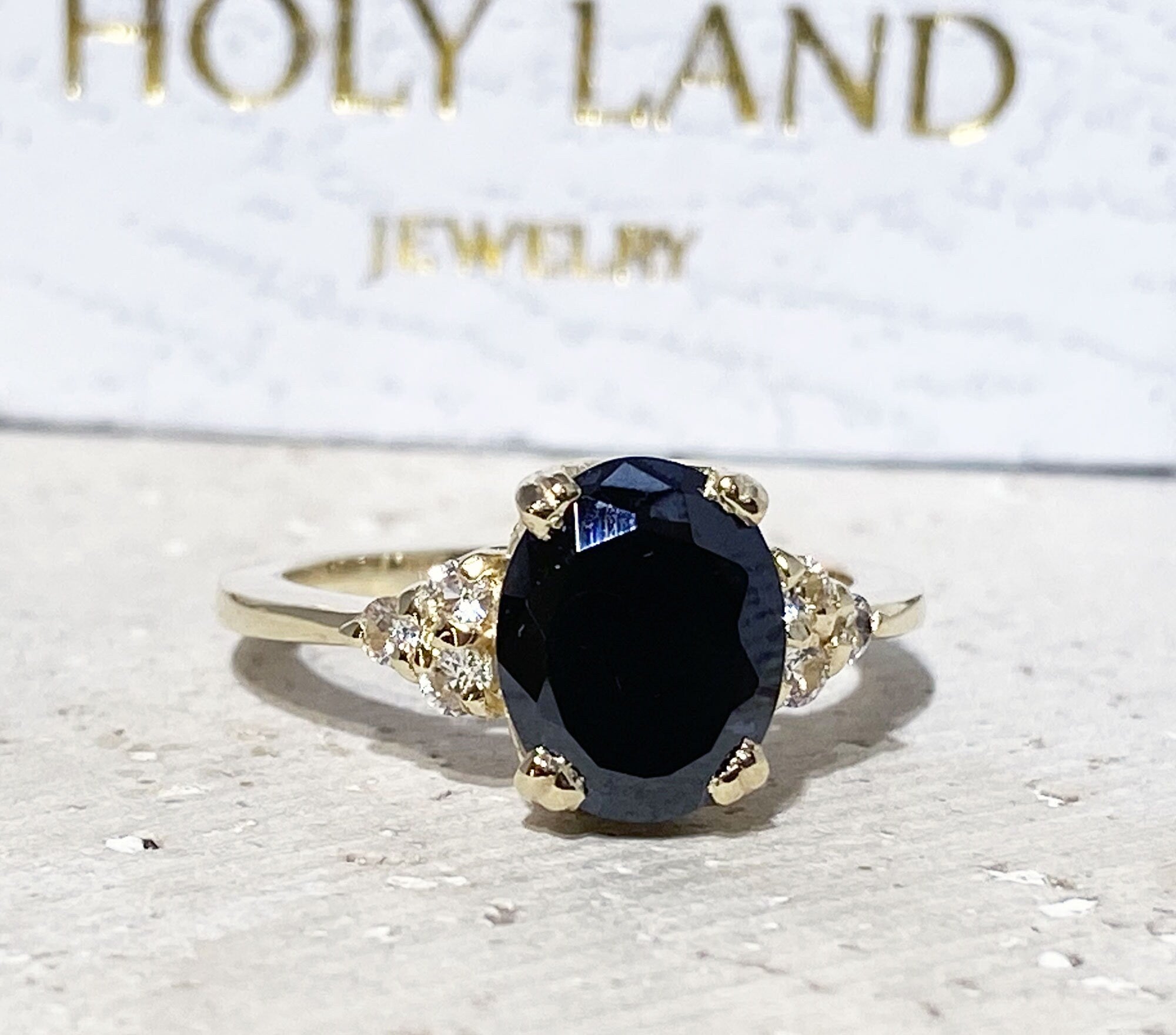 Oval Black Onyx Engagement Ring with Clear Quartz Accents - H.L.Jewelry