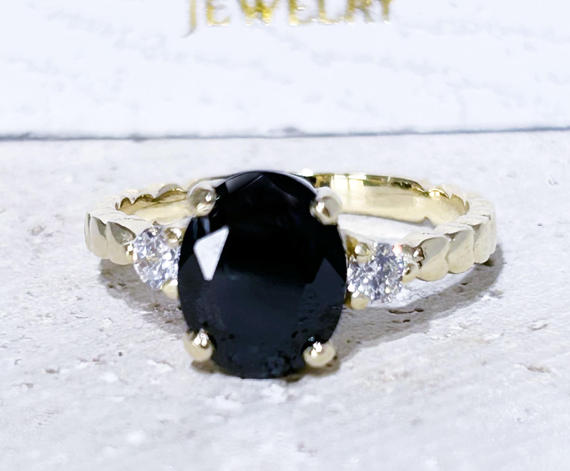 Oval Black Onyx Gemstone Ring with Clear Quartz Accents - H.L.Jewelry