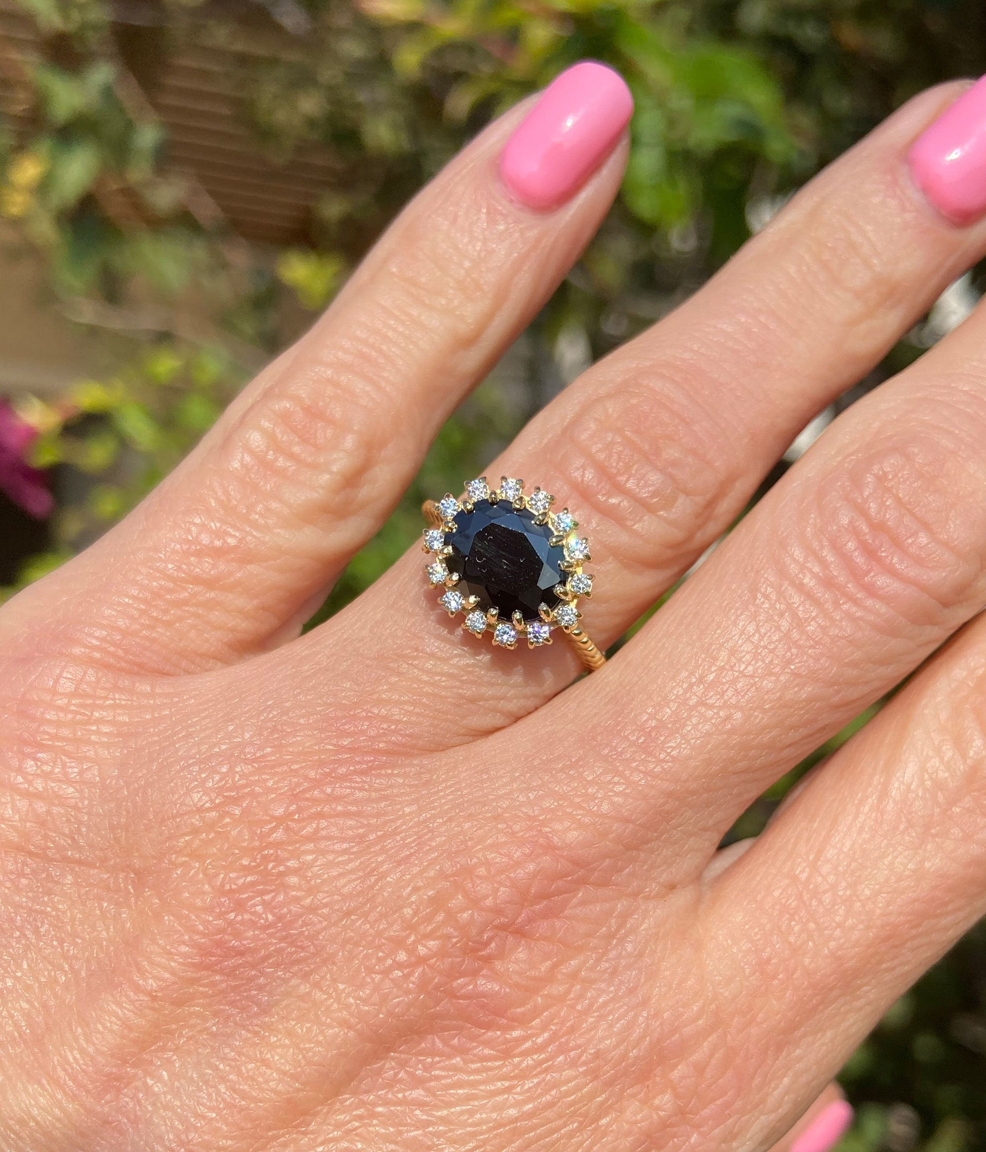 Oval Black Onyx Ring with Clear Quartz Halo - H.L.Jewelry