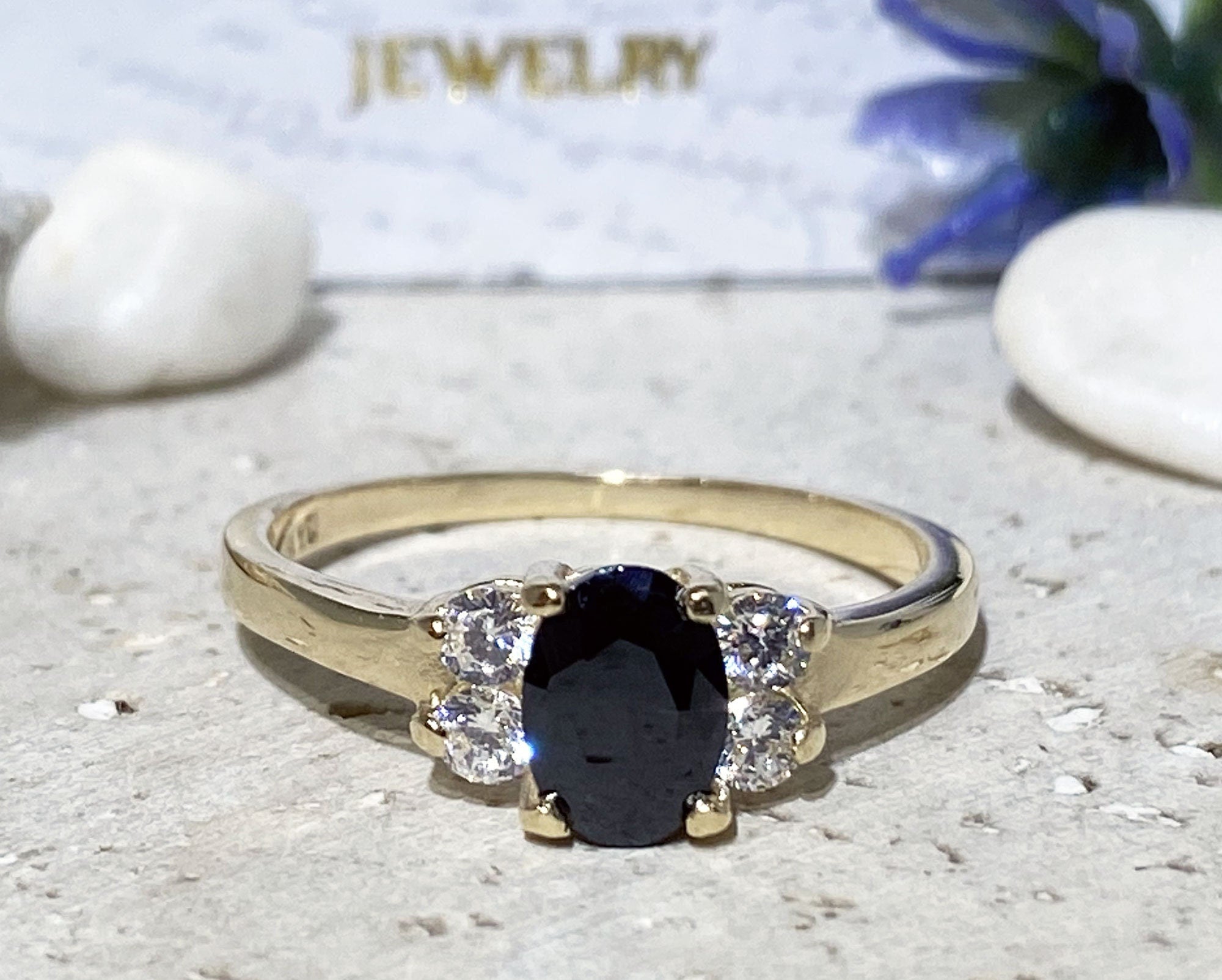 Oval Black Onyx Simple Ring with Clear Quartz Accents - H.L.Jewelry
