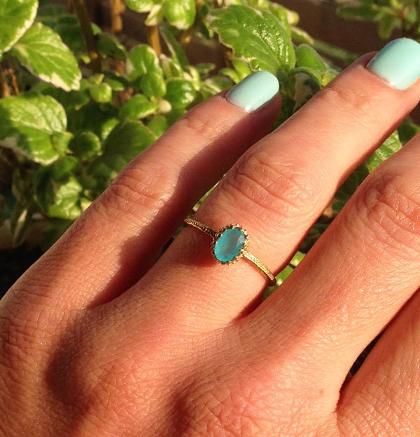 Oval Blue Chalcedony Simple Hammered Band Ring - H.L.Jewelry