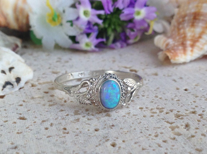 Oval Blue Opal Ring with Leaves Accents - H.L.Jewelry
