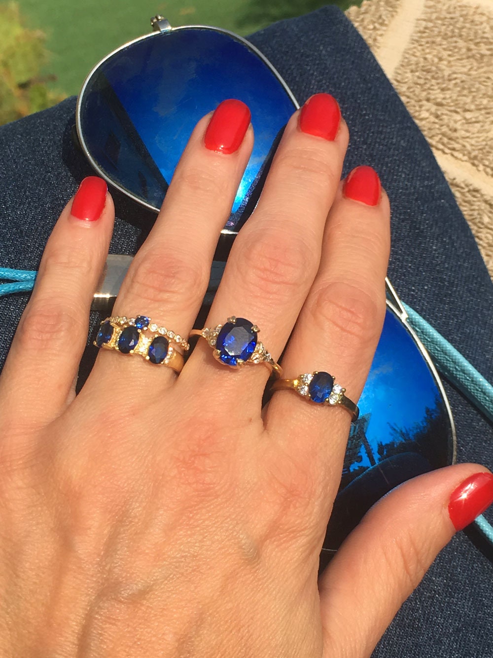 Oval Blue Sapphire Engagement Ring with Clear Quartz Accents - H.L.Jewelry