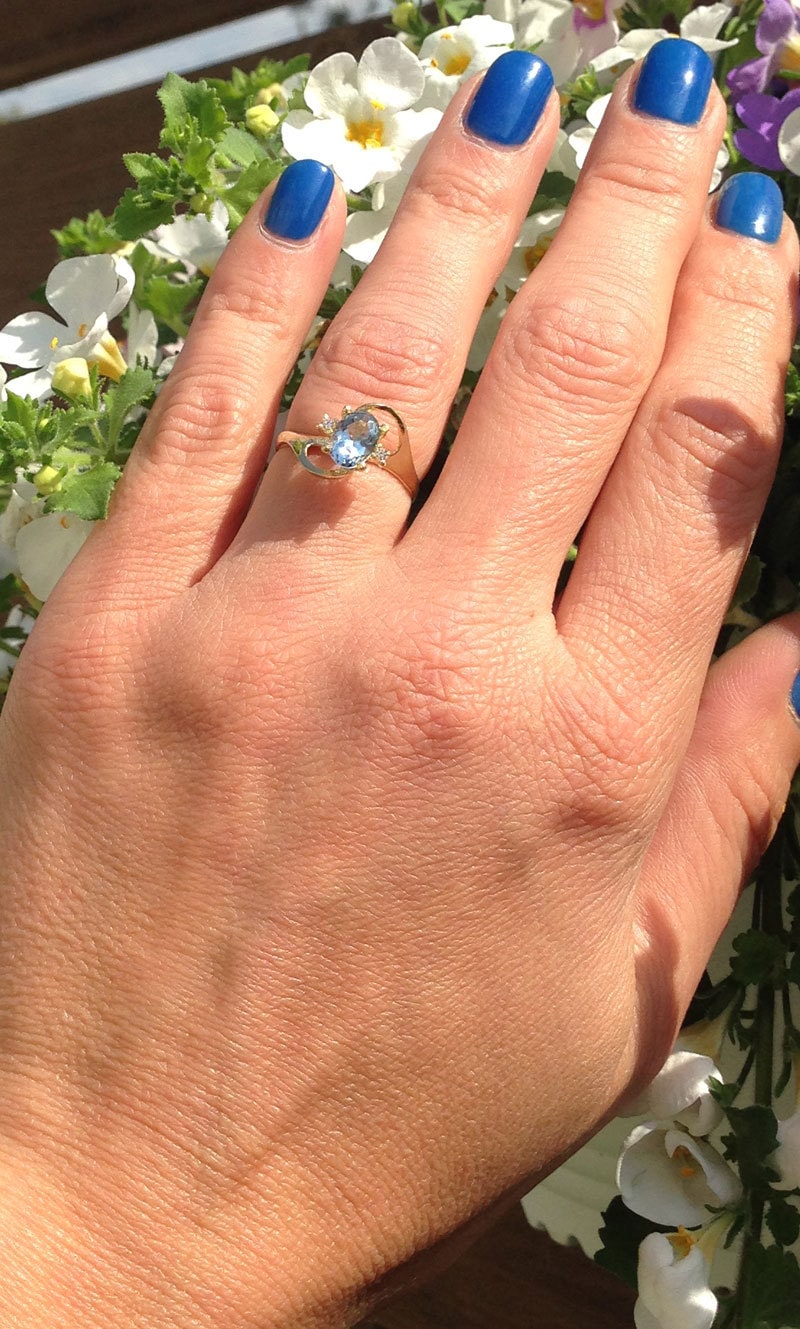 Oval Blue Topaz Delicate Ring with Clear Quartz Accents - H.L.Jewelry