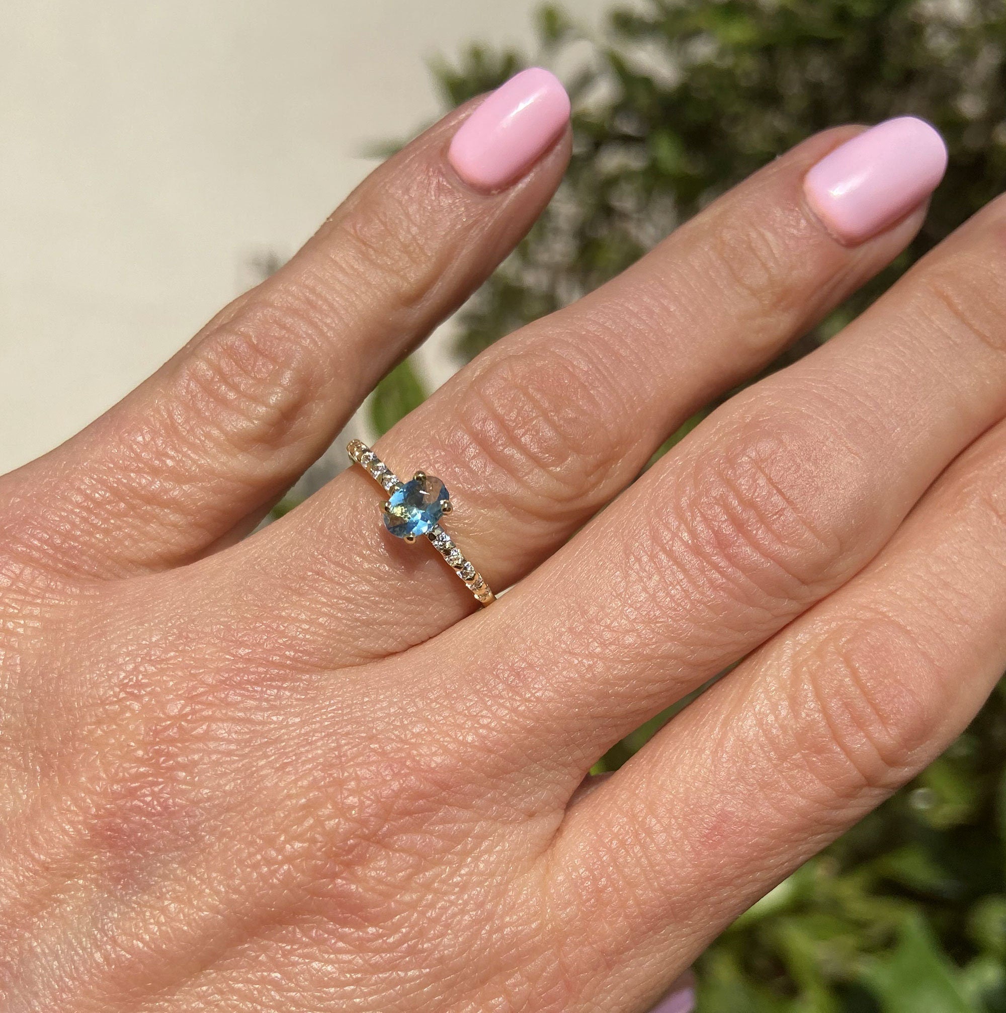 Oval Blue Topaz Delicate Ring with Clear Quartz Accents - H.L.Jewelry