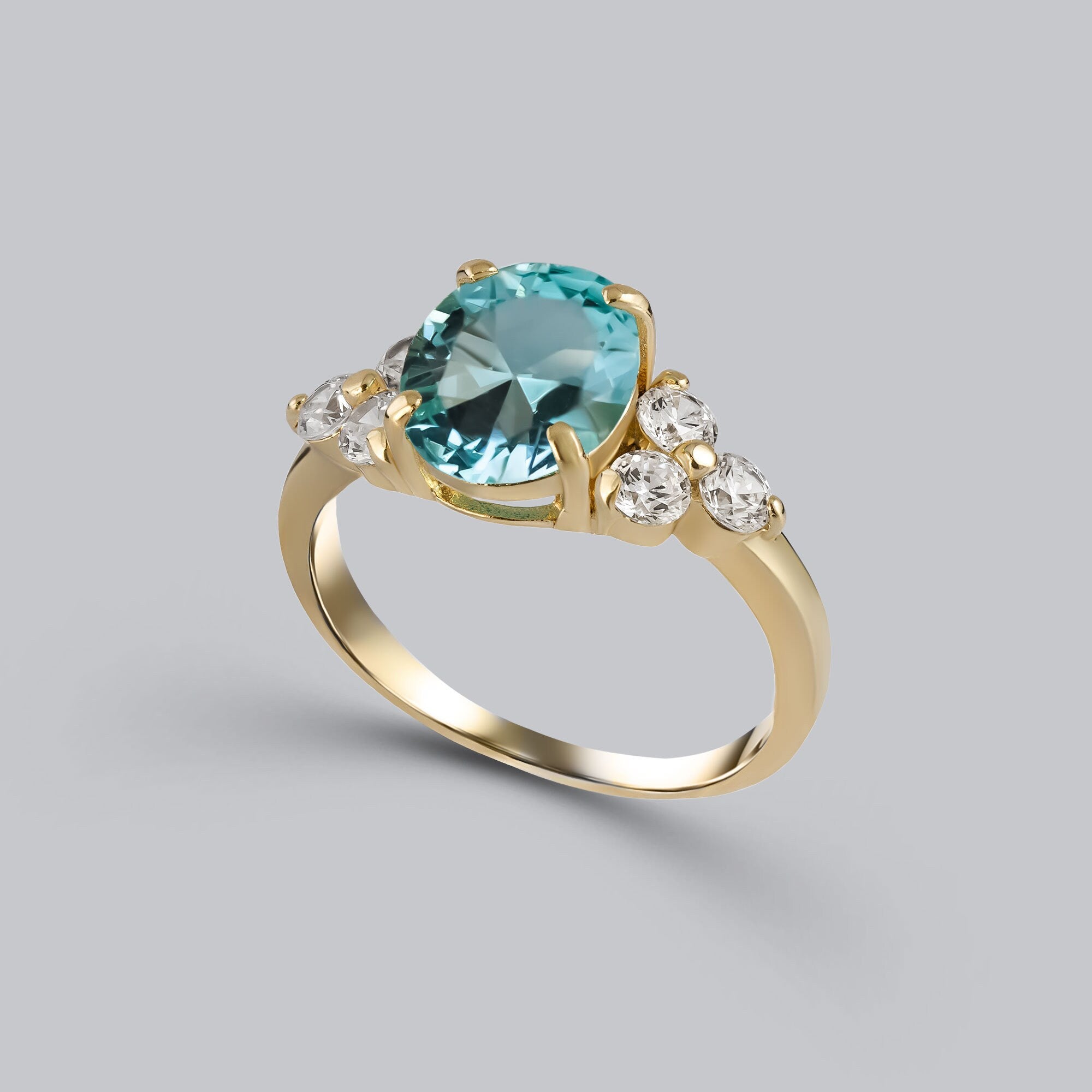 Oval Blue Topaz Engagement Ring with Clear Quartz Accents - H.L.Jewelry