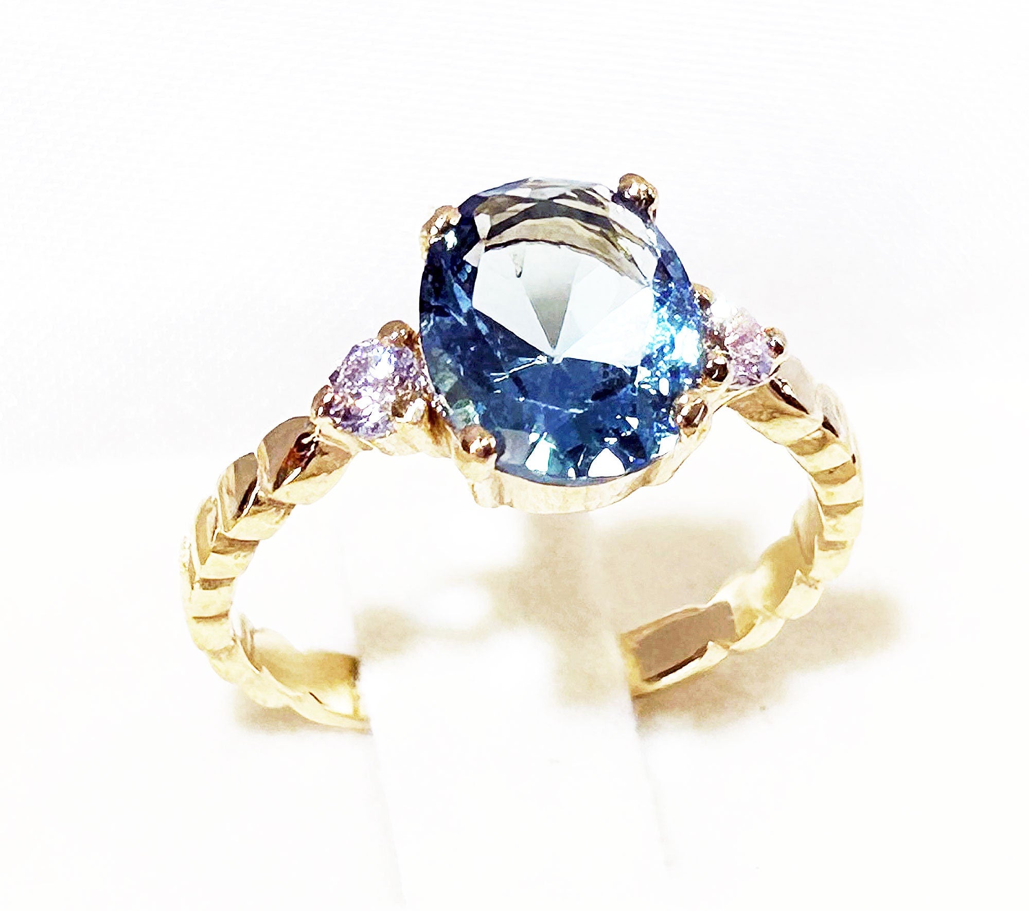 Oval Blue Topaz Gemstone Ring with Clear Quartz Accents - H.L.Jewelry